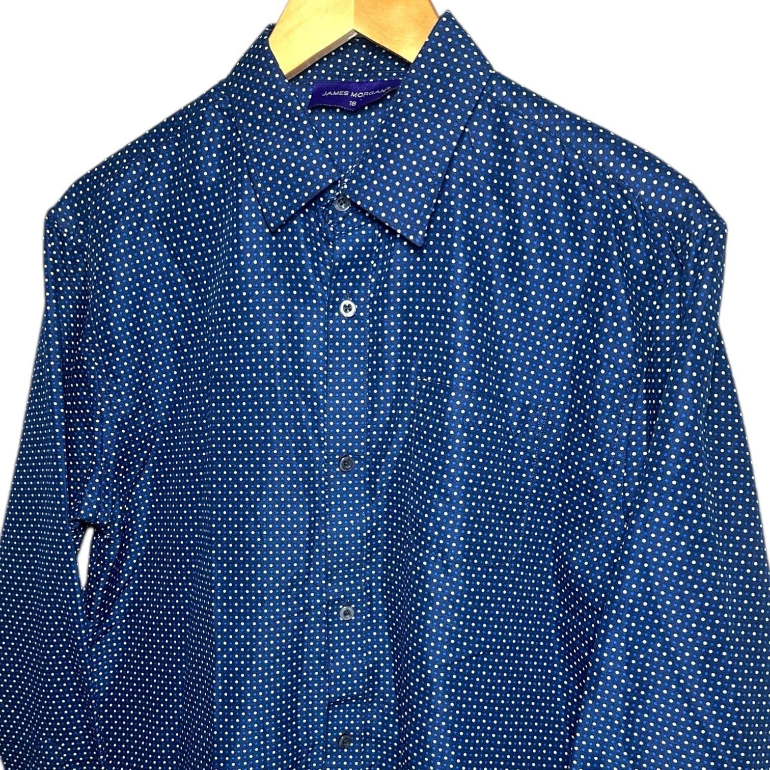 James Morgan Blue White Polka Dot Button Down Long Sleeve Shirt Size 18 - Thumbnail 6