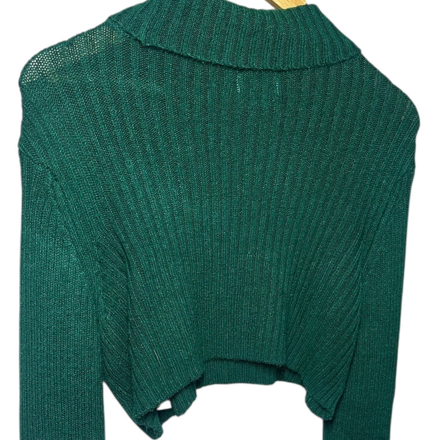 Skylar + Madison Green Ribbed Knit Cropped Collared Sweater Top Size L - Thumbnail 7