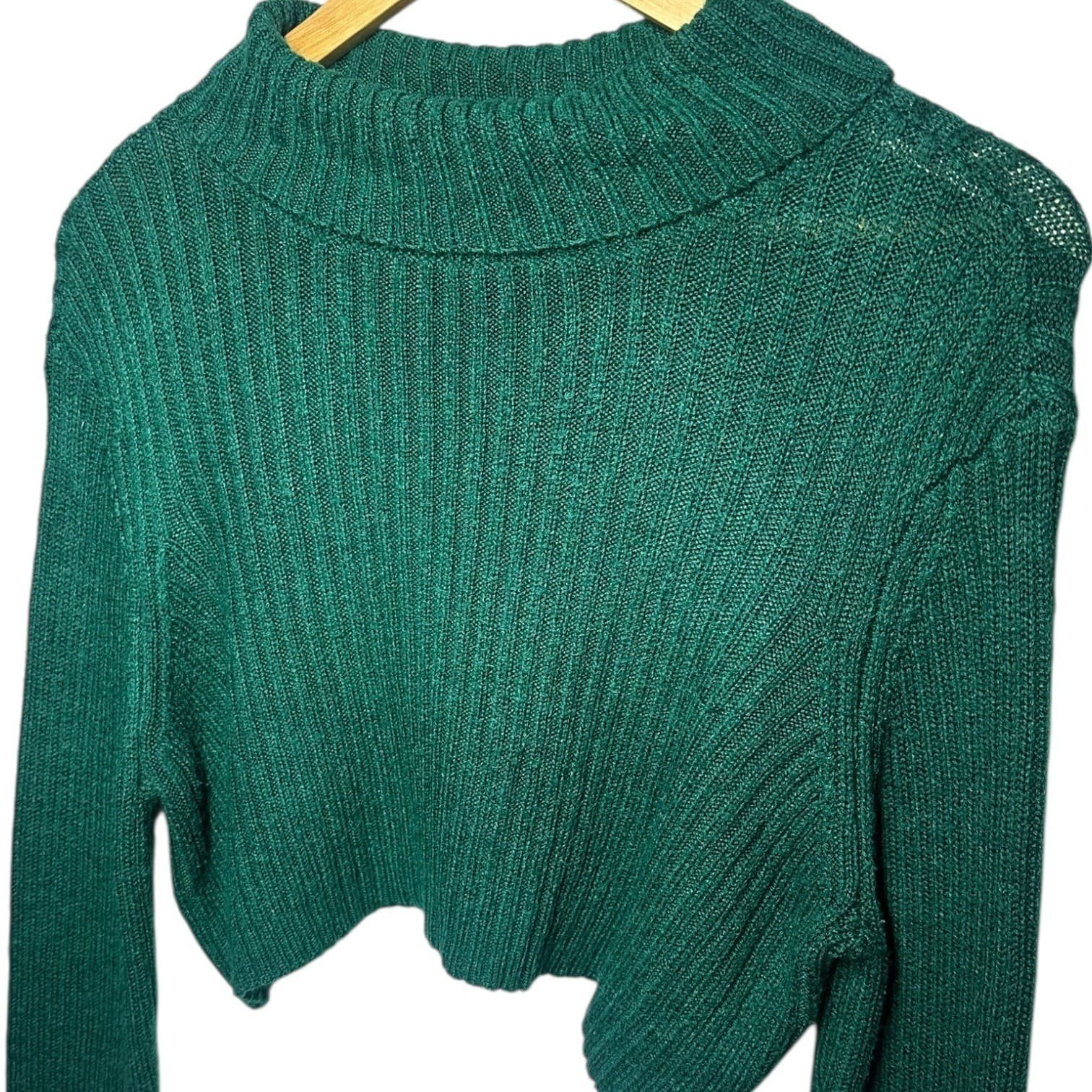 Skylar + Madison Green Ribbed Knit Cropped Collared Sweater Top Size L - Thumbnail 6