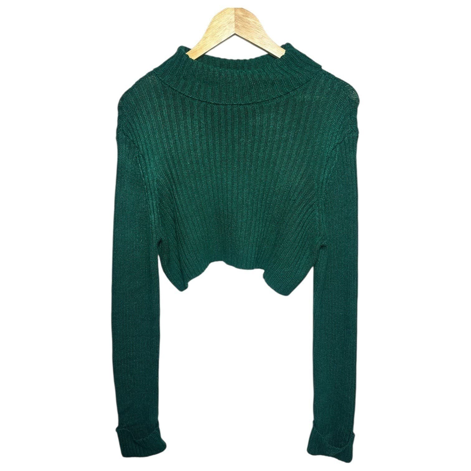 Skylar + Madison Green Ribbed Knit Cropped Collared Sweater Top Size L - Thumbnail 3