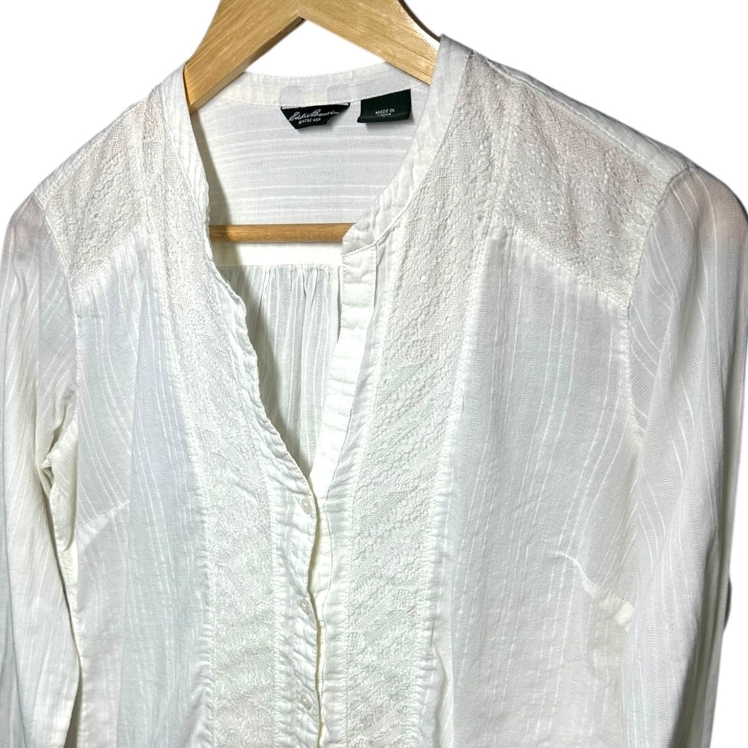 Eddie Bauer White Embroidered Band Collar Long Sleeve Blouse Women's Size S - Thumbnail 4