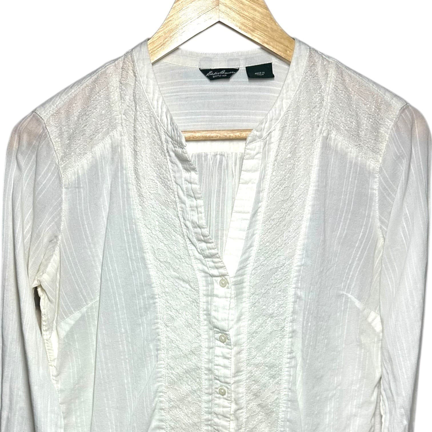 Eddie Bauer White Embroidered Band Collar Long Sleeve Blouse Women's Size S - Thumbnail 3