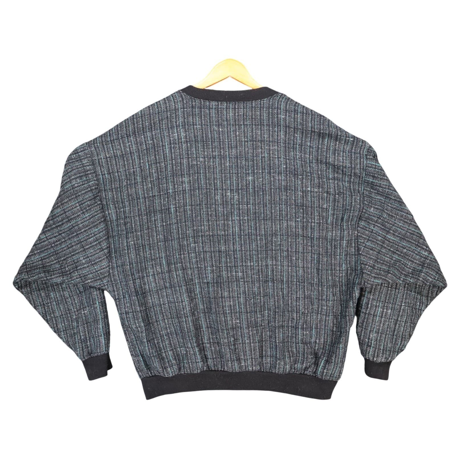 Vintage Cardigan Sweater Mens XL Black Teal Woven Textured Knit Batwing USA - Thumbnail 2