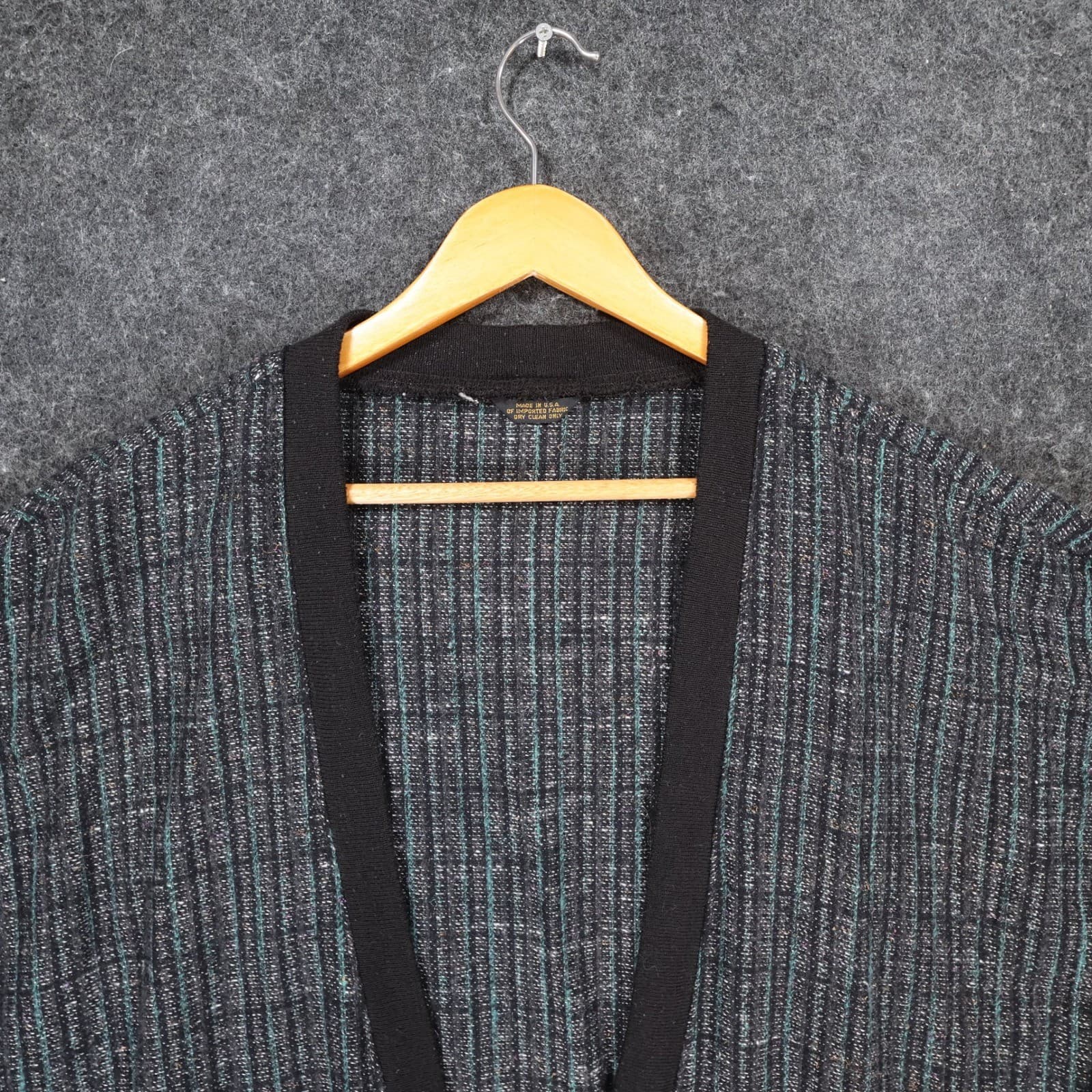 Vintage Cardigan Sweater Mens XL Black Teal Woven Textured Knit Batwing USA - Thumbnail 3