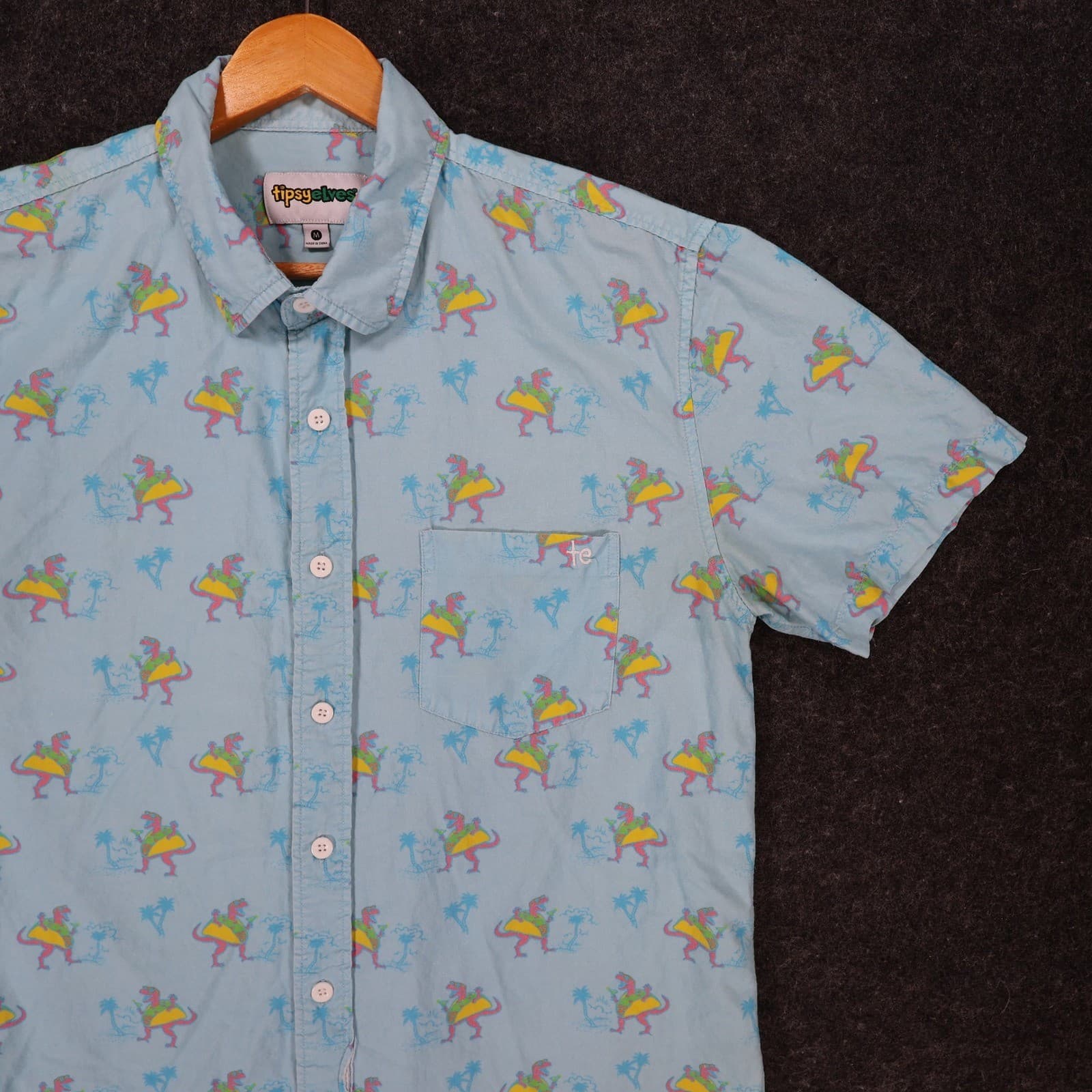 Tipsy Elves Button Up Shirt Mens Medium Blue Cotton Rayon Taco Dinosaur Hawaiian - Thumbnail 9