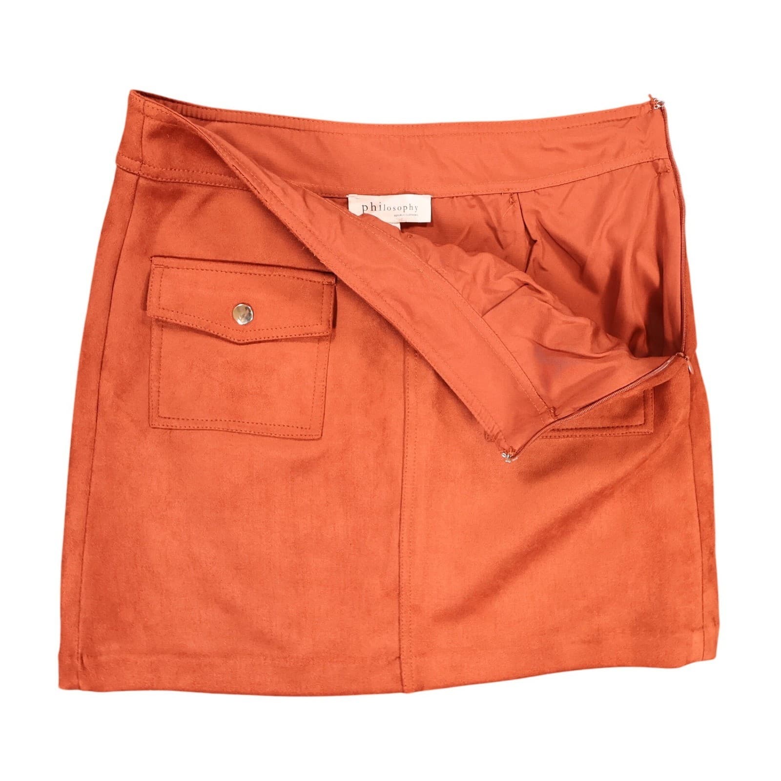 Philosophy Mini Skirt Womens 6 Burnt Orange Faux Suede Pocket Utility Boho Rust - Thumbnail 3