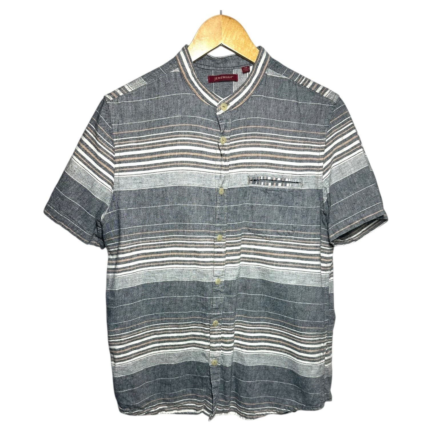 Jeremiah Men's Striped Band Collar Short Sleeve Button Up Shirt Size Medium - Thumbnail 2