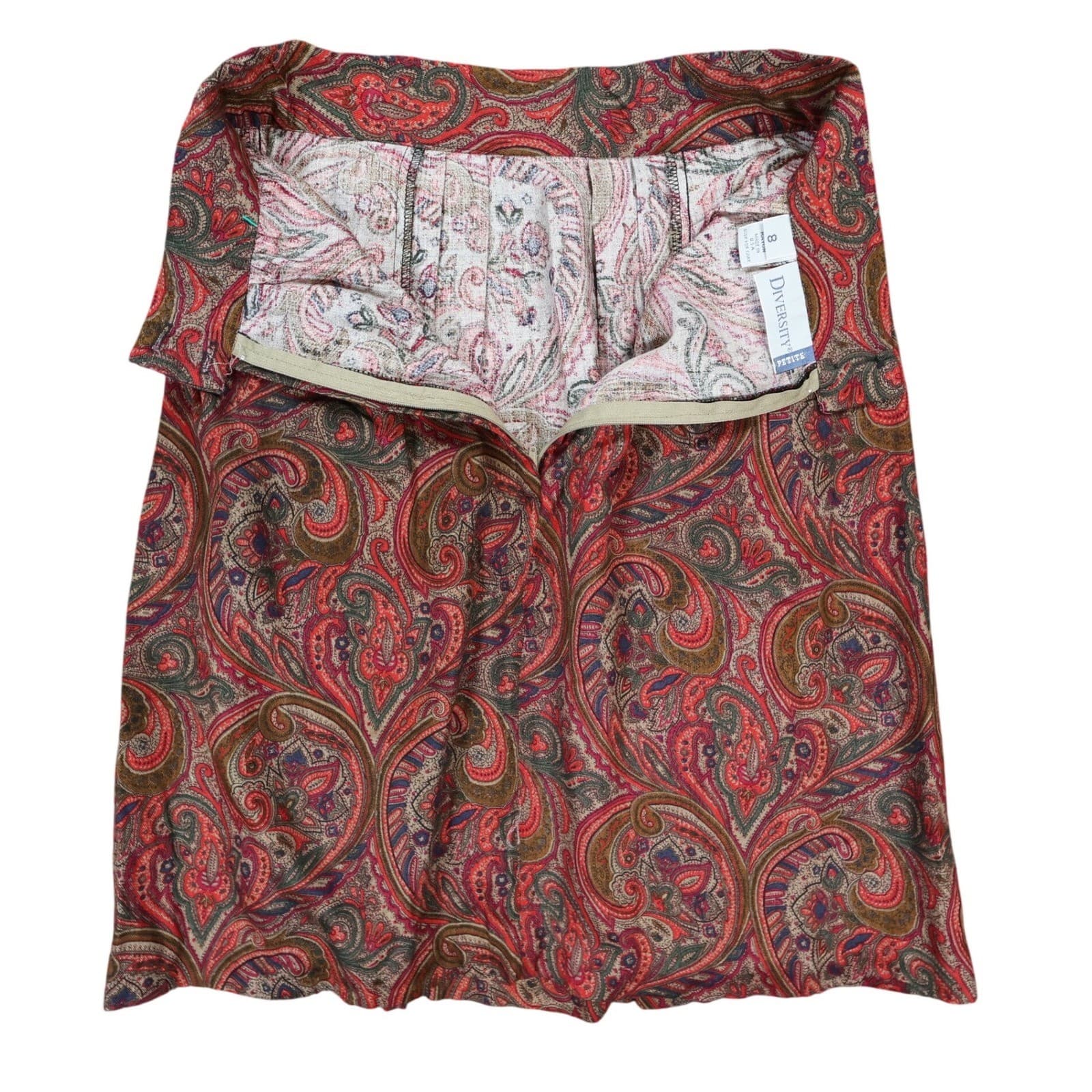 Diversity Skirt Womens 8 Petite Red Paisley Rayon Pleated A-Line Made in USA - Thumbnail 3