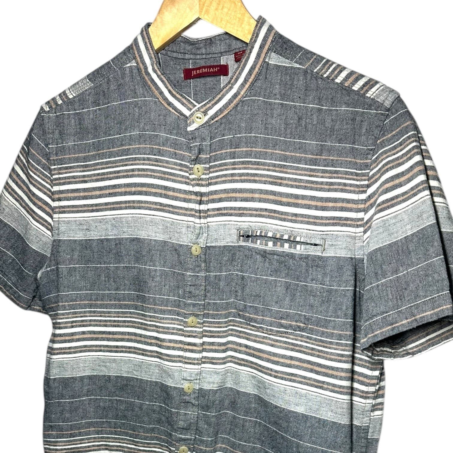 Jeremiah Men's Striped Band Collar Short Sleeve Button Up Shirt Size Medium - Thumbnail 4