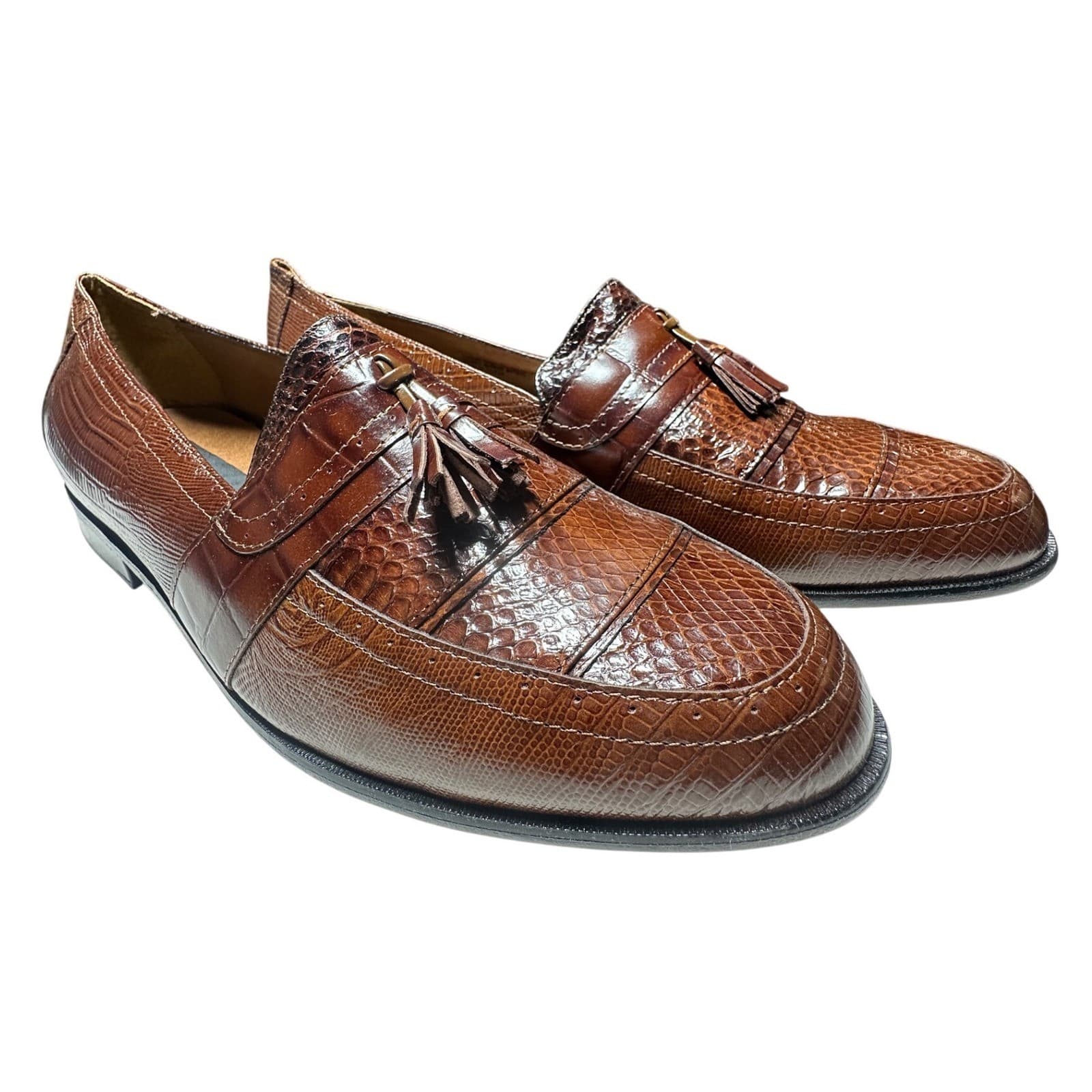 Stacy Adams Alevia Tassel Loafers Mens 13 Cognac NWT Genuine Snake Leather Shoes - Thumbnail 2