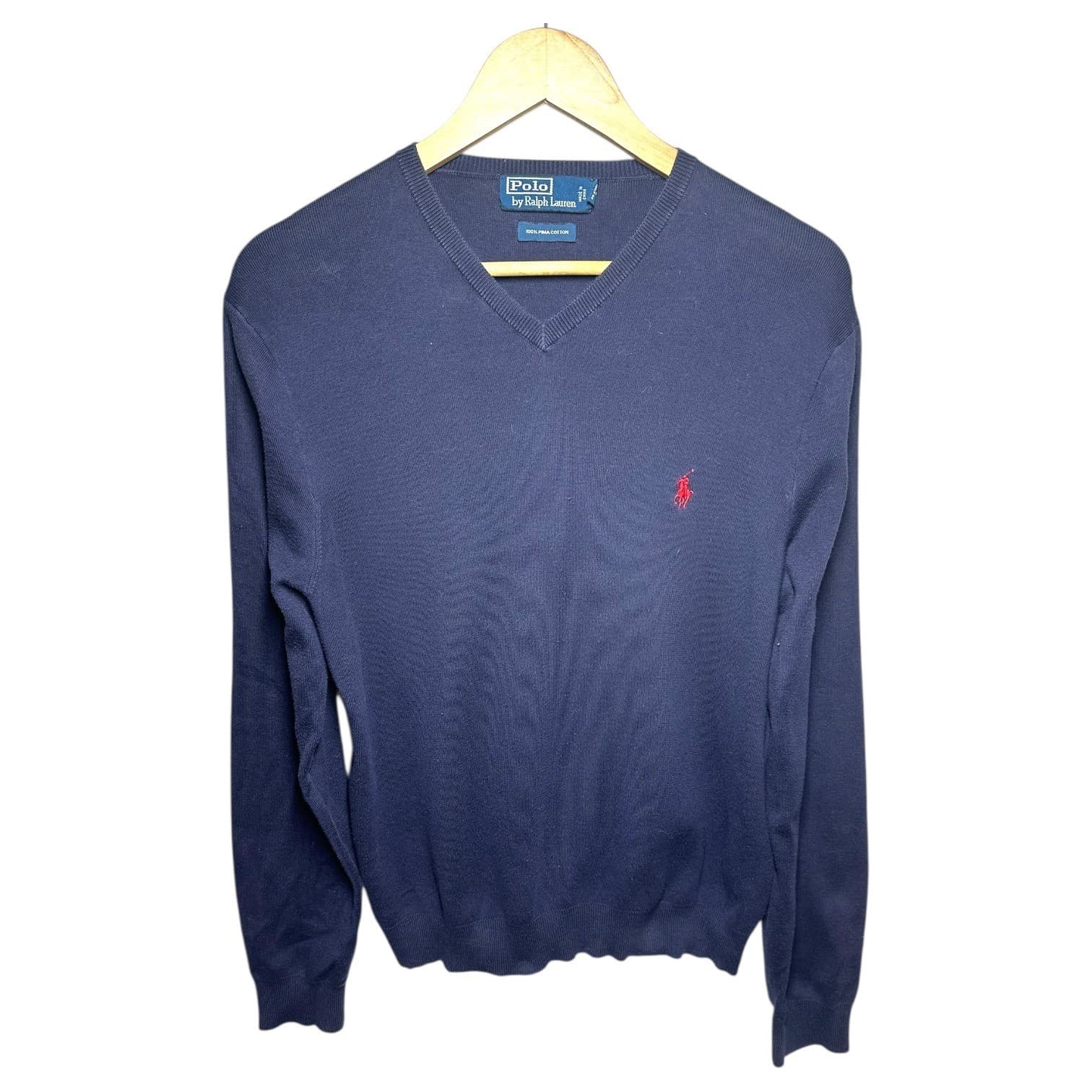 Polo Ralph Lauren Men Navy Blue V-Neck Long Sleeve Pima Cotton Sweater L - Thumbnail 2