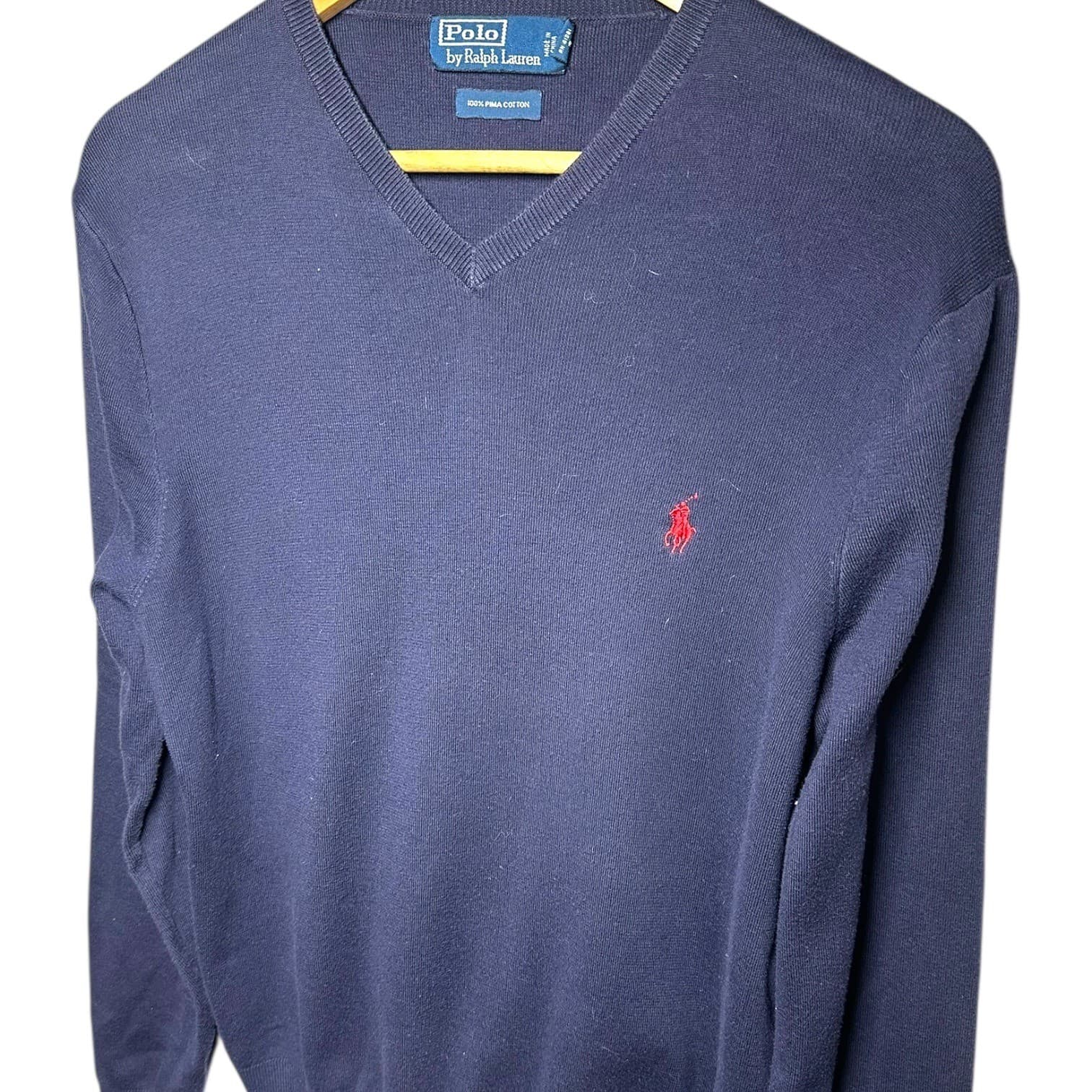 Polo Ralph Lauren Men Navy Blue V-Neck Long Sleeve Pima Cotton Sweater L - Thumbnail 4