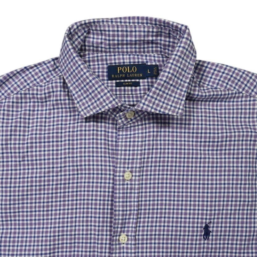 Polo Ralph Lauren Button Up Shirt Mens L Purple Excellent Slim Fit Plaid 1398 - Thumbnail 3