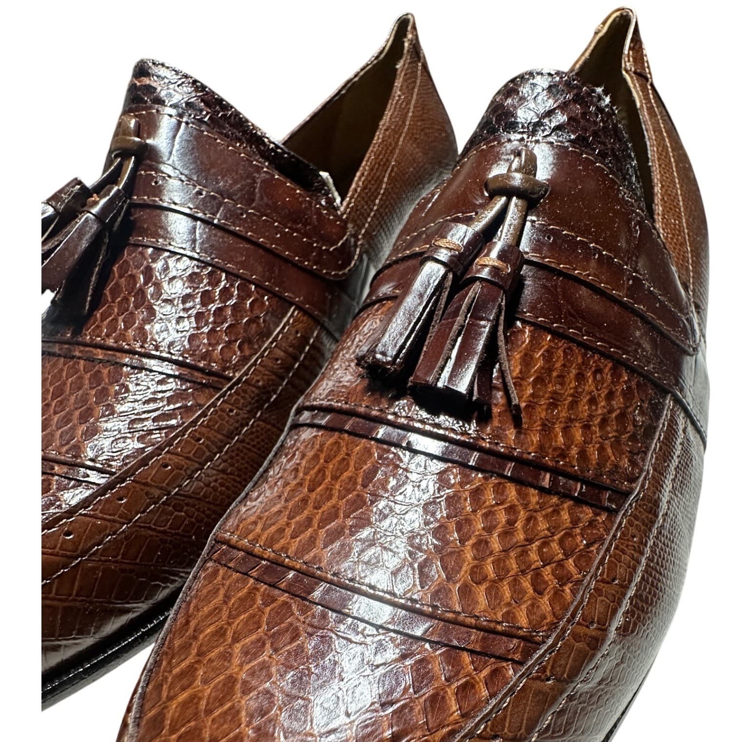 Stacy Adams Alevia Tassel Loafers Mens 13 Cognac NWT Genuine Snake Leather Shoes - Thumbnail 5