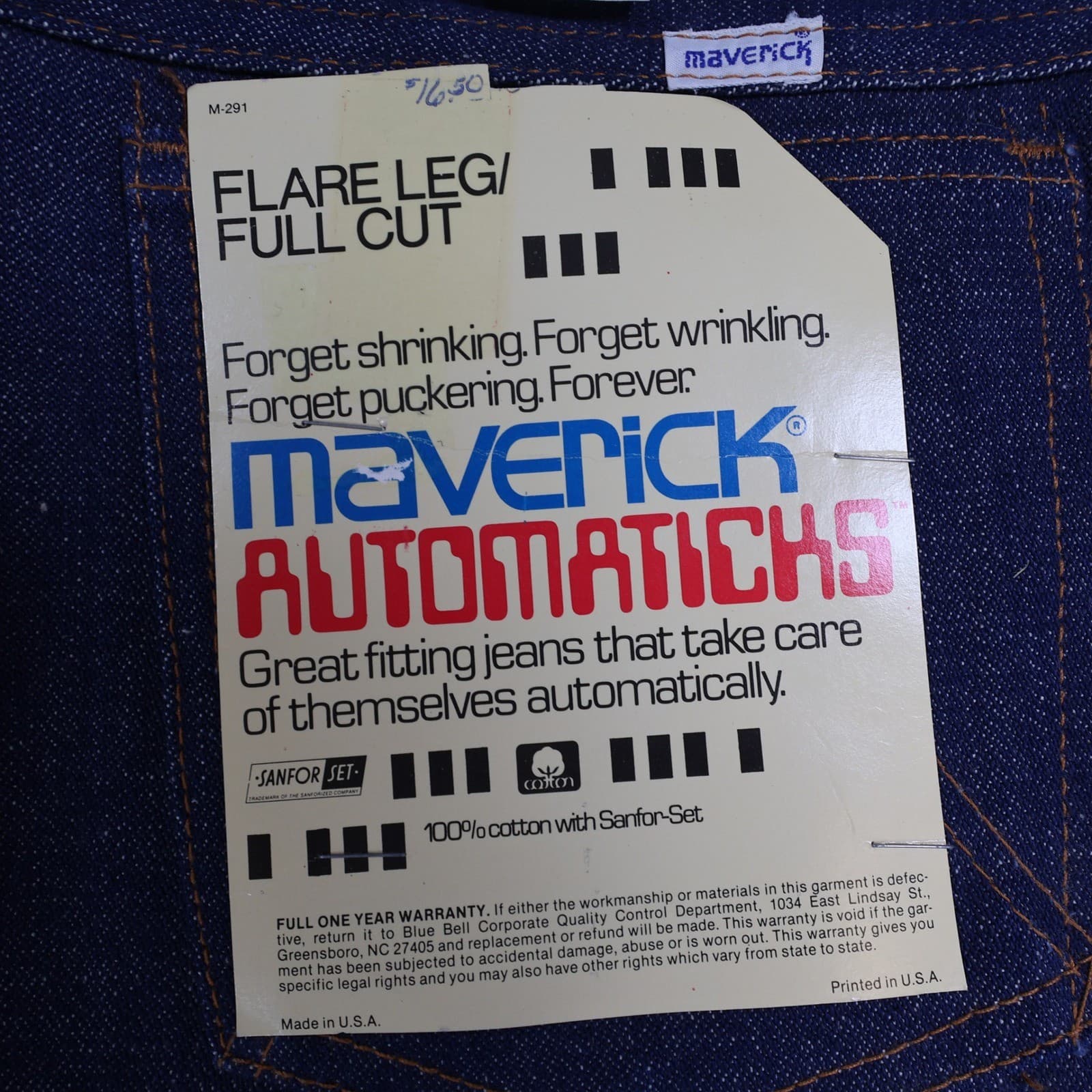 Maverick Jeans Mens 33x34 Blue Cotton Flare Full Cut Vintage 70s 80s NOS USA - Thumbnail 8