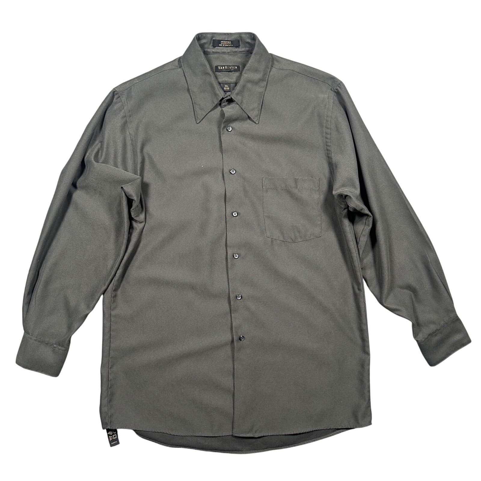 Van Heusen Dress Shirt Mens Medium Olive Green Microfiber Long Sleeve - Thumbnail 2