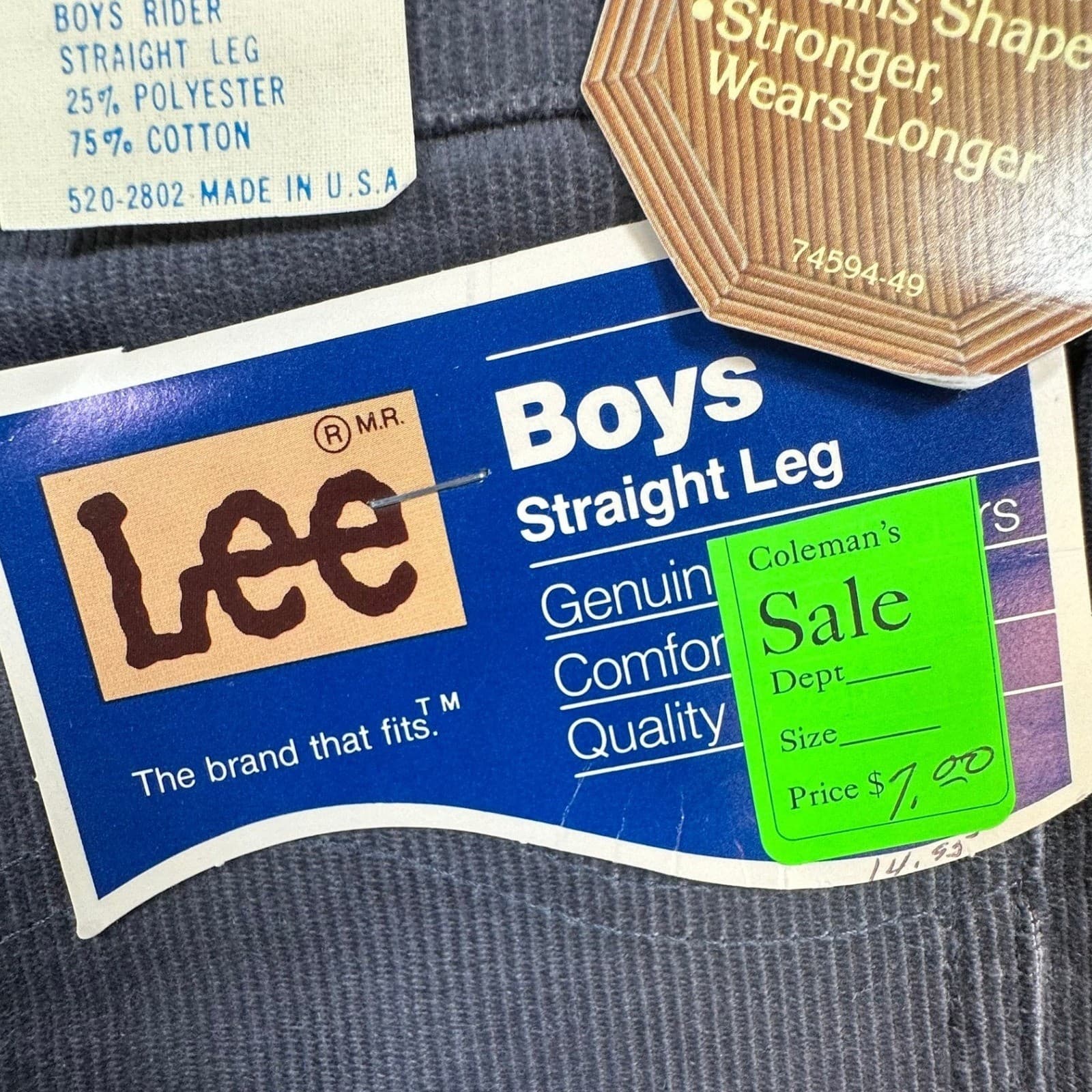 Lee Rider Straight Leg Pants Boys 11 Slim Gray Corduroy Vintage 70s 80s NOS USA - Thumbnail 9