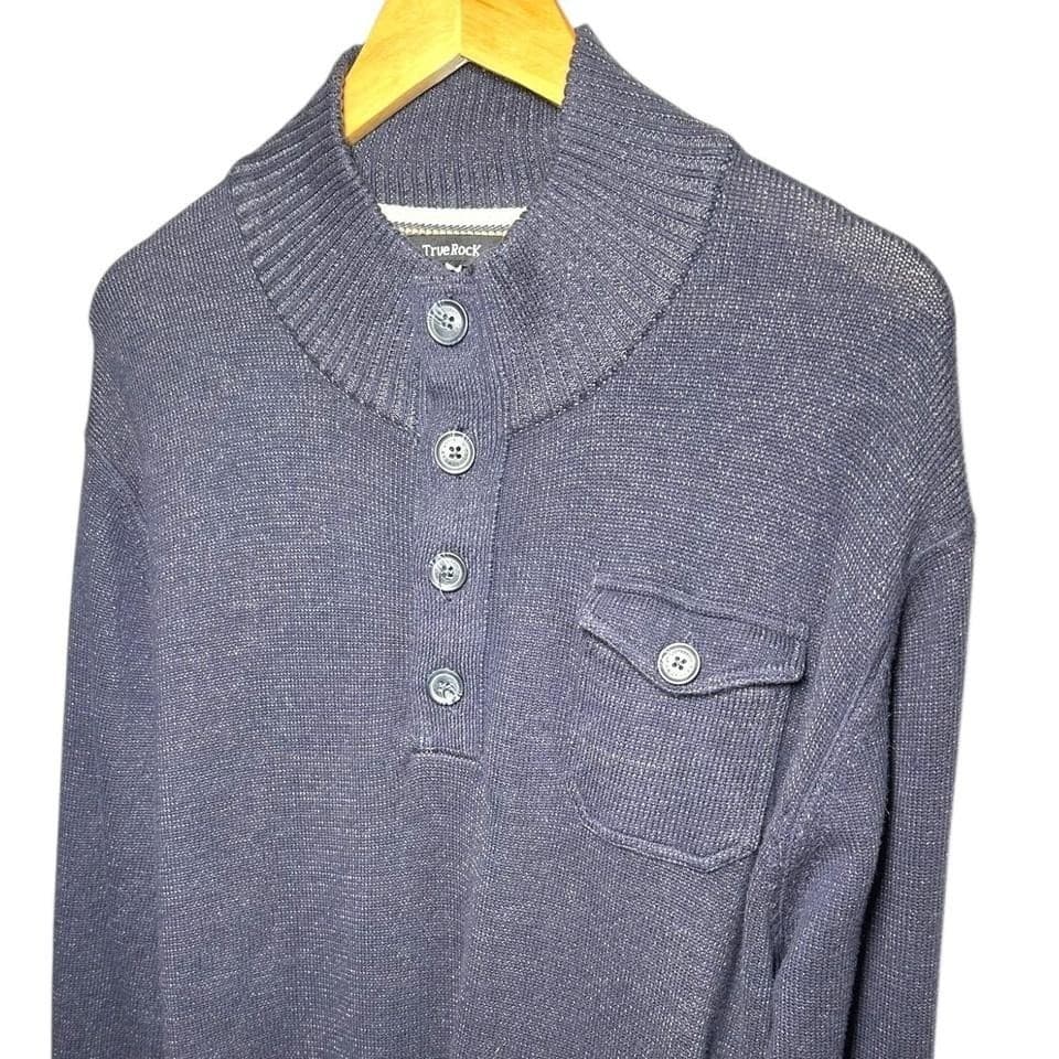 True Rock Henley Sweater Mens XL Navy Blue Excellent Mock Neck Button Pocket - Thumbnail 4