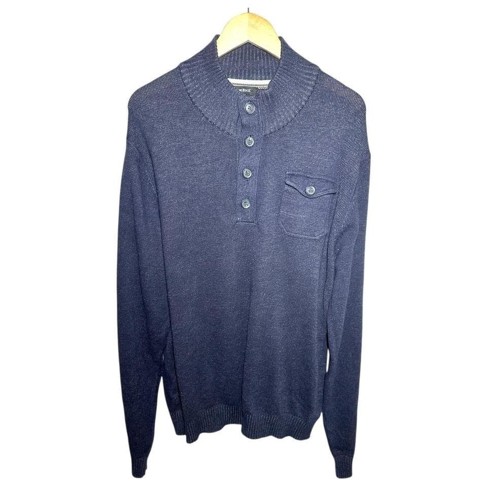 True Rock Henley Sweater Mens XL Navy Blue Excellent Mock Neck Button Pocket - Thumbnail 2