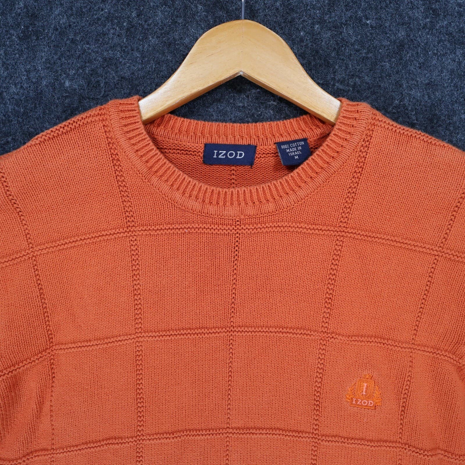 IZOD Sweater Mens Medium Orange 100% Cotton Crewneck Grid Texture Knit Classic - Thumbnail 9