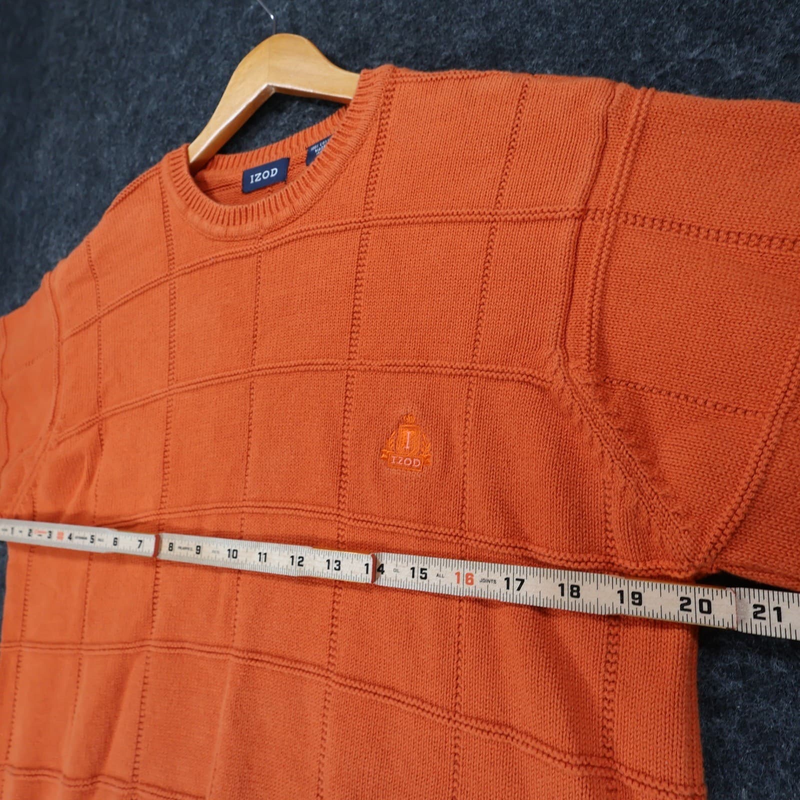 IZOD Sweater Mens Medium Orange 100% Cotton Crewneck Grid Texture Knit Classic - Thumbnail 3