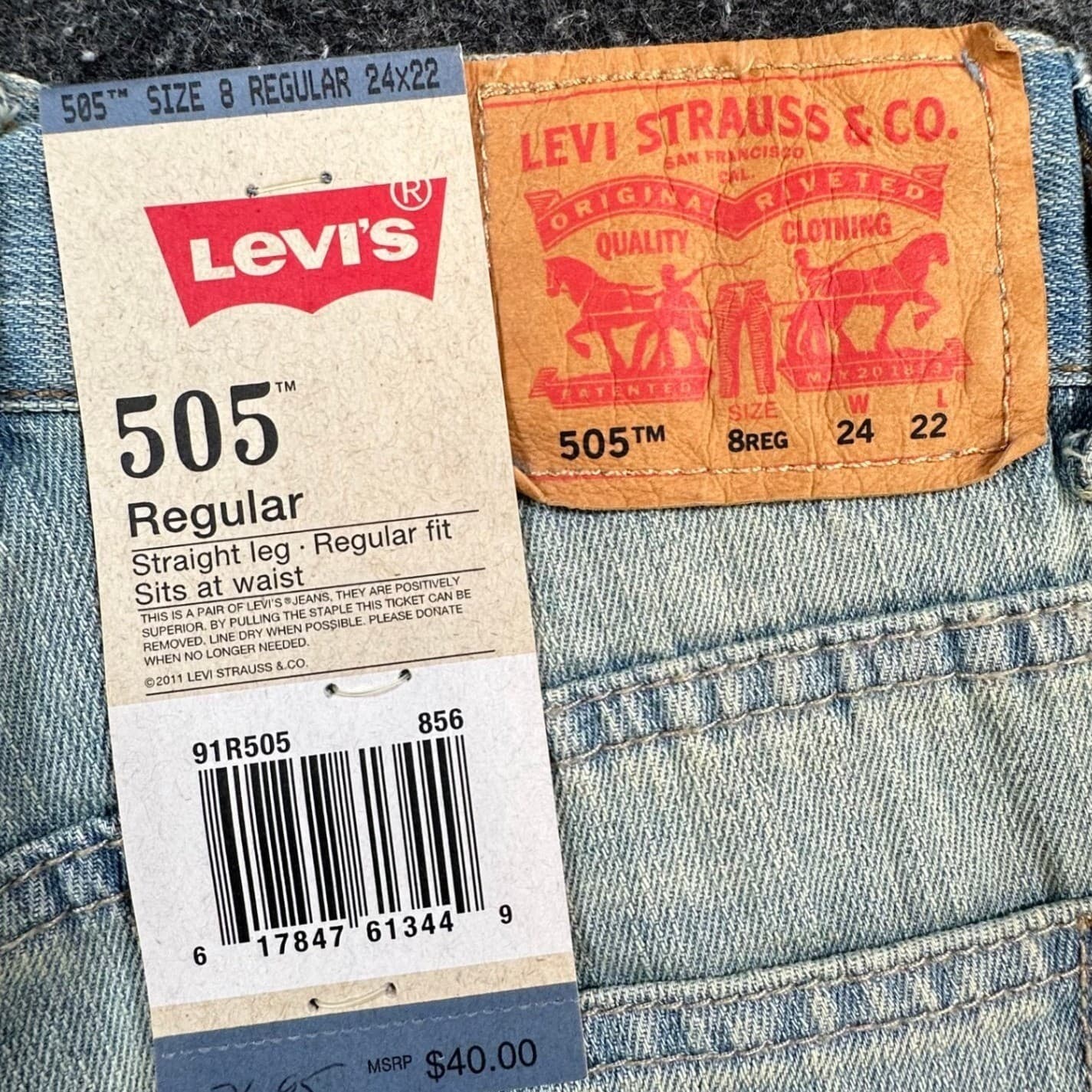 Levi's 505 Jeans Boys Size 8 Light Wash Cotton Regular Straight Leg NOS - Thumbnail 8