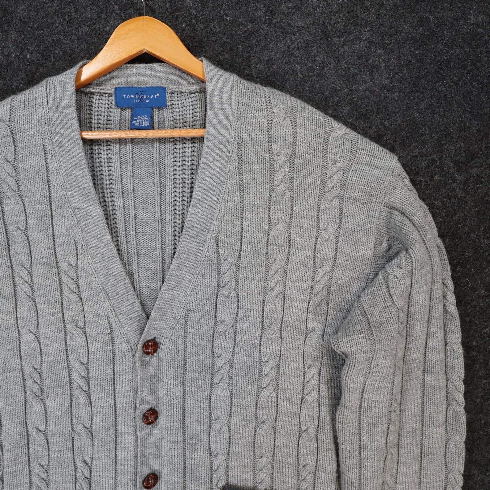 Towncraft Cardigan Sweater Mens XL Vintage Gray Cable Knit Button Front Classic - Thumbnail 8