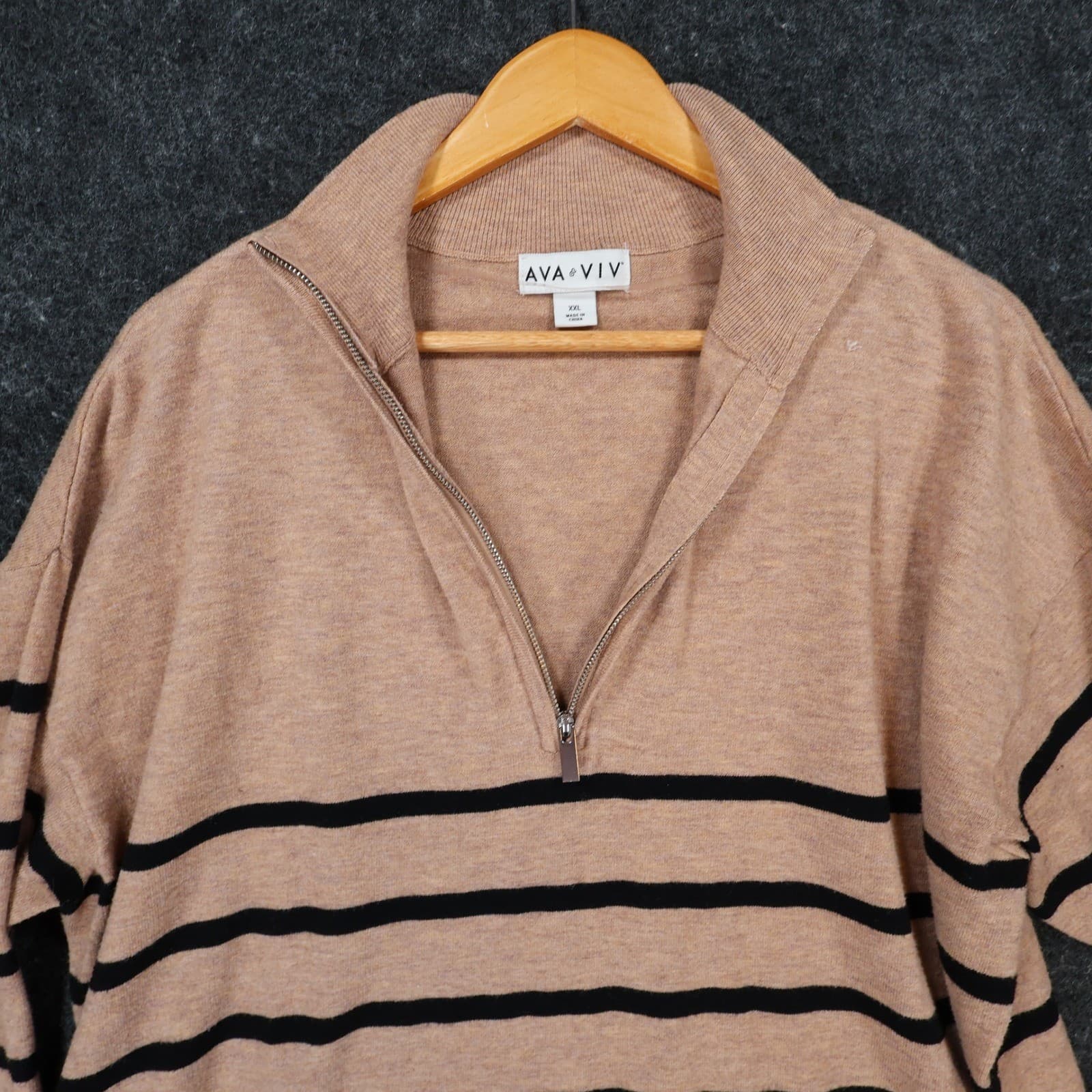 Ava & Viv Quarter Zip Pullover Women XXL Tan Black Striped Recycled Knit Sweater - Thumbnail 9