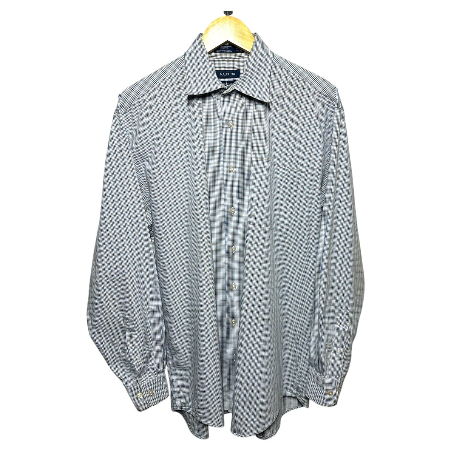 Nautica Button Down Shirt Men 16.5 34/35 Blue Plaid Wrinkle Free Cotton - Thumbnail 2