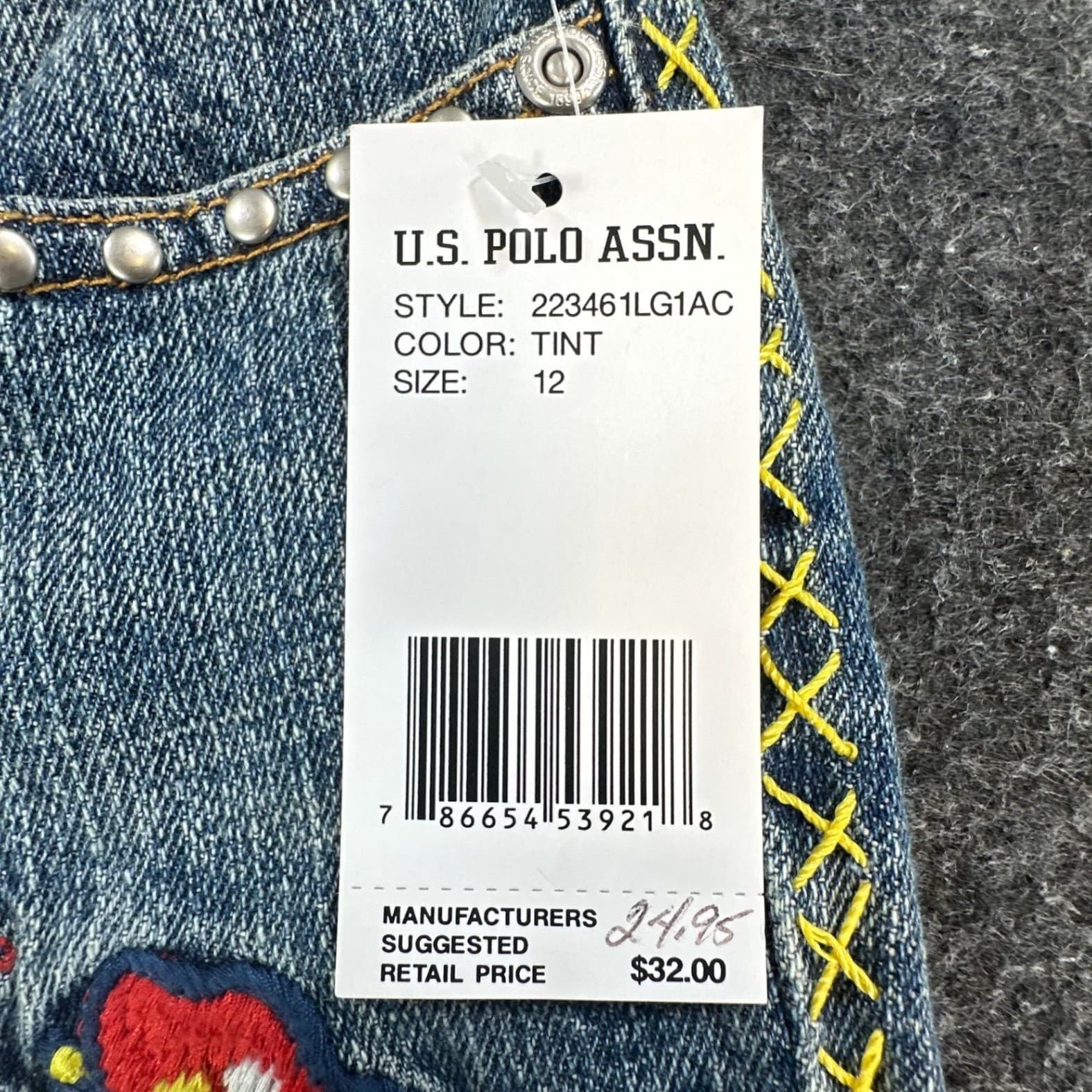 U.S. Polo Assn Jeans Girls 12 Blue Ramie Cotton Y2K Butterfly Embroidered Belted - Thumbnail 7