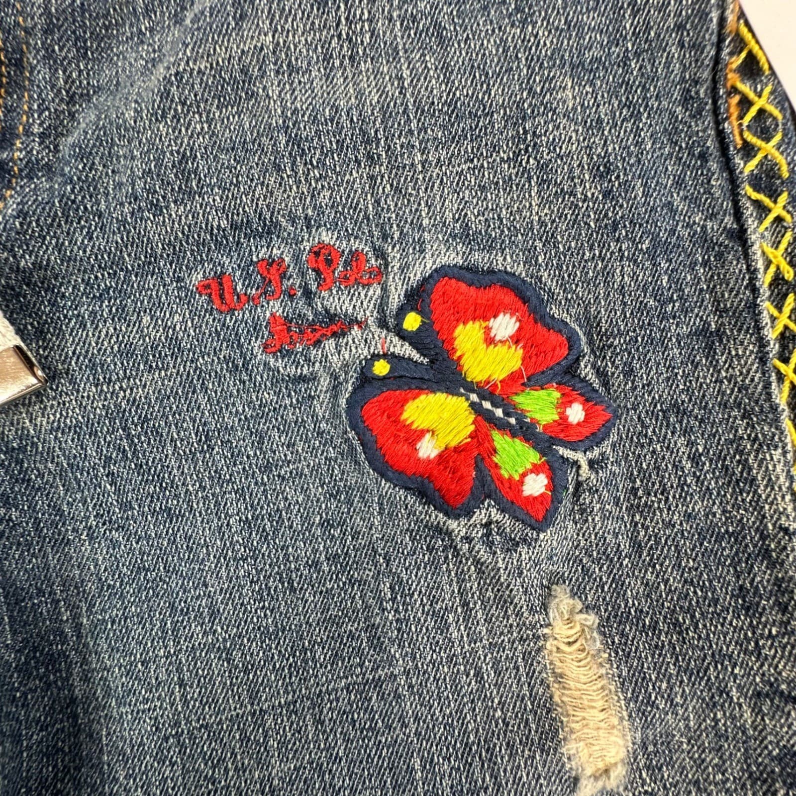 U.S. Polo Assn Jeans Girls 12 Blue Ramie Cotton Y2K Butterfly Embroidered Belted - Thumbnail 14