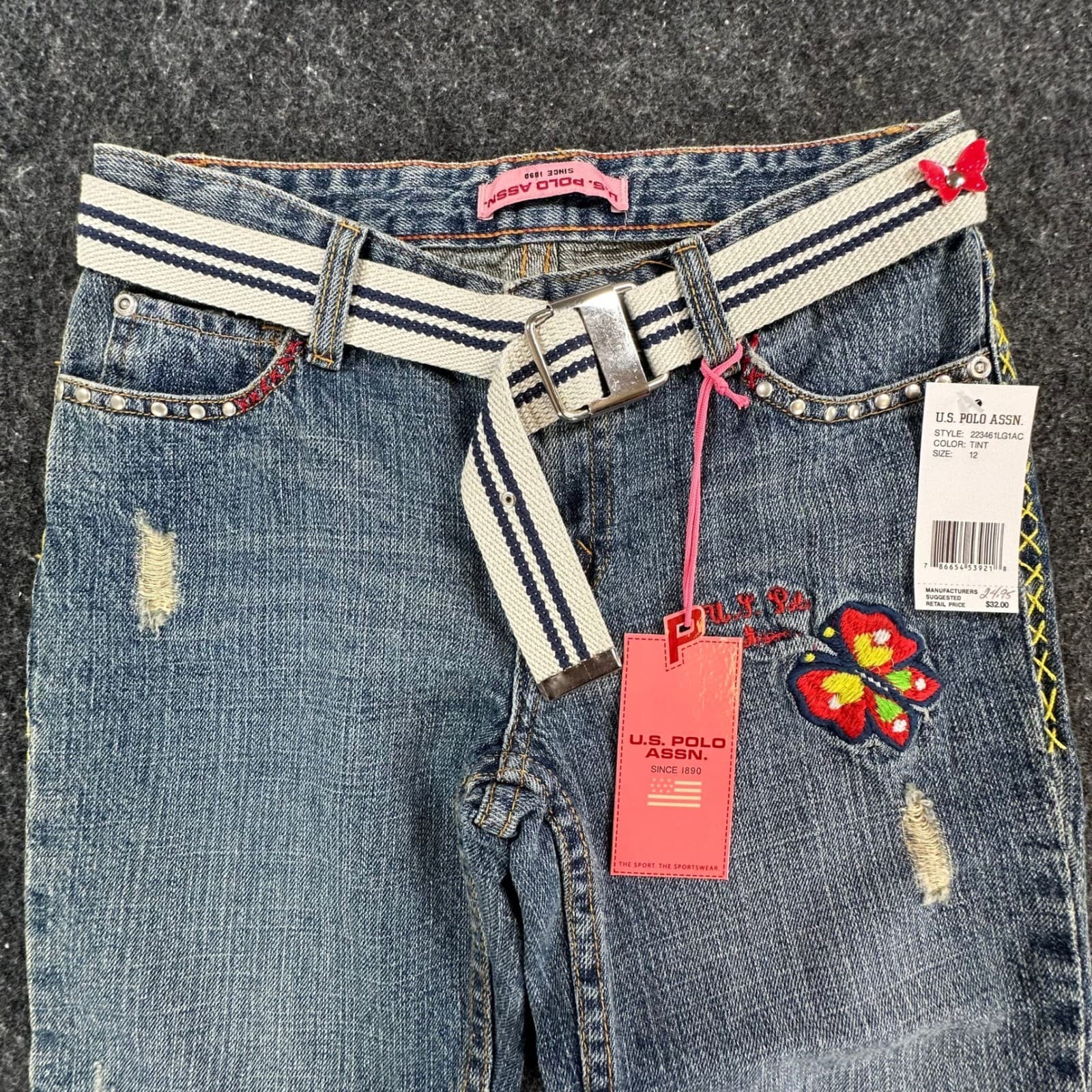 U.S. Polo Assn Jeans Girls 12 Blue Ramie Cotton Y2K Butterfly Embroidered Belted - Thumbnail 11