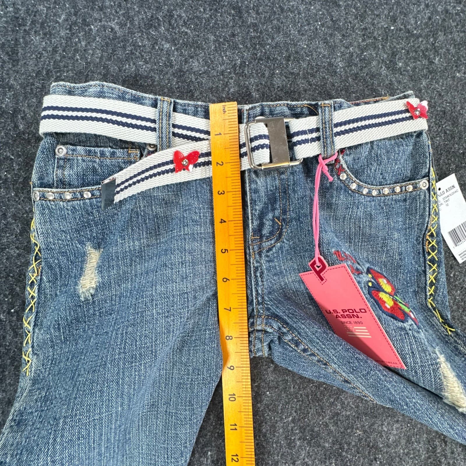 U.S. Polo Assn Jeans Girls 12 Blue Ramie Cotton Y2K Butterfly Embroidered Belted - Thumbnail 5