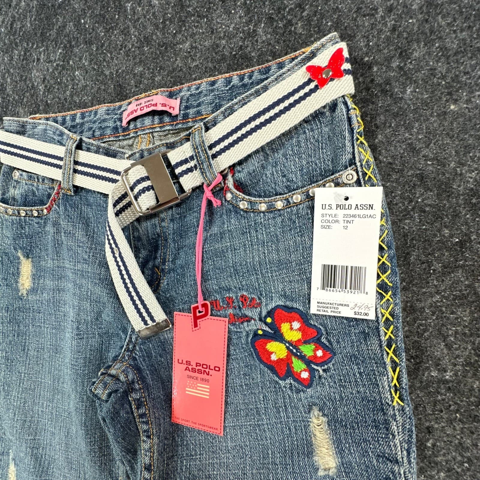 U.S. Polo Assn Jeans Girls 12 Blue Ramie Cotton Y2K Butterfly Embroidered Belted - Thumbnail 13
