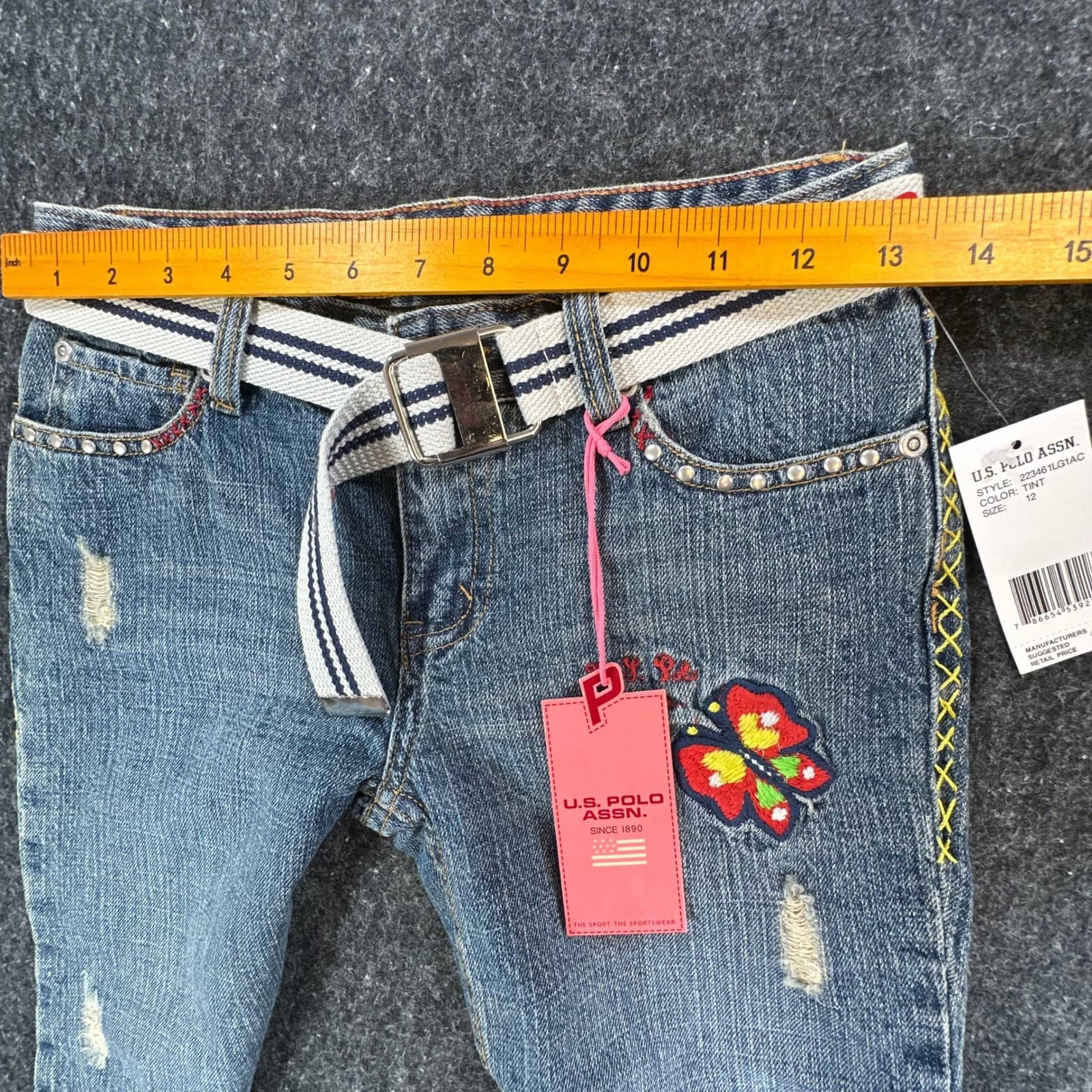 U.S. Polo Assn Jeans Girls 12 Blue Ramie Cotton Y2K Butterfly Embroidered Belted - Thumbnail 6