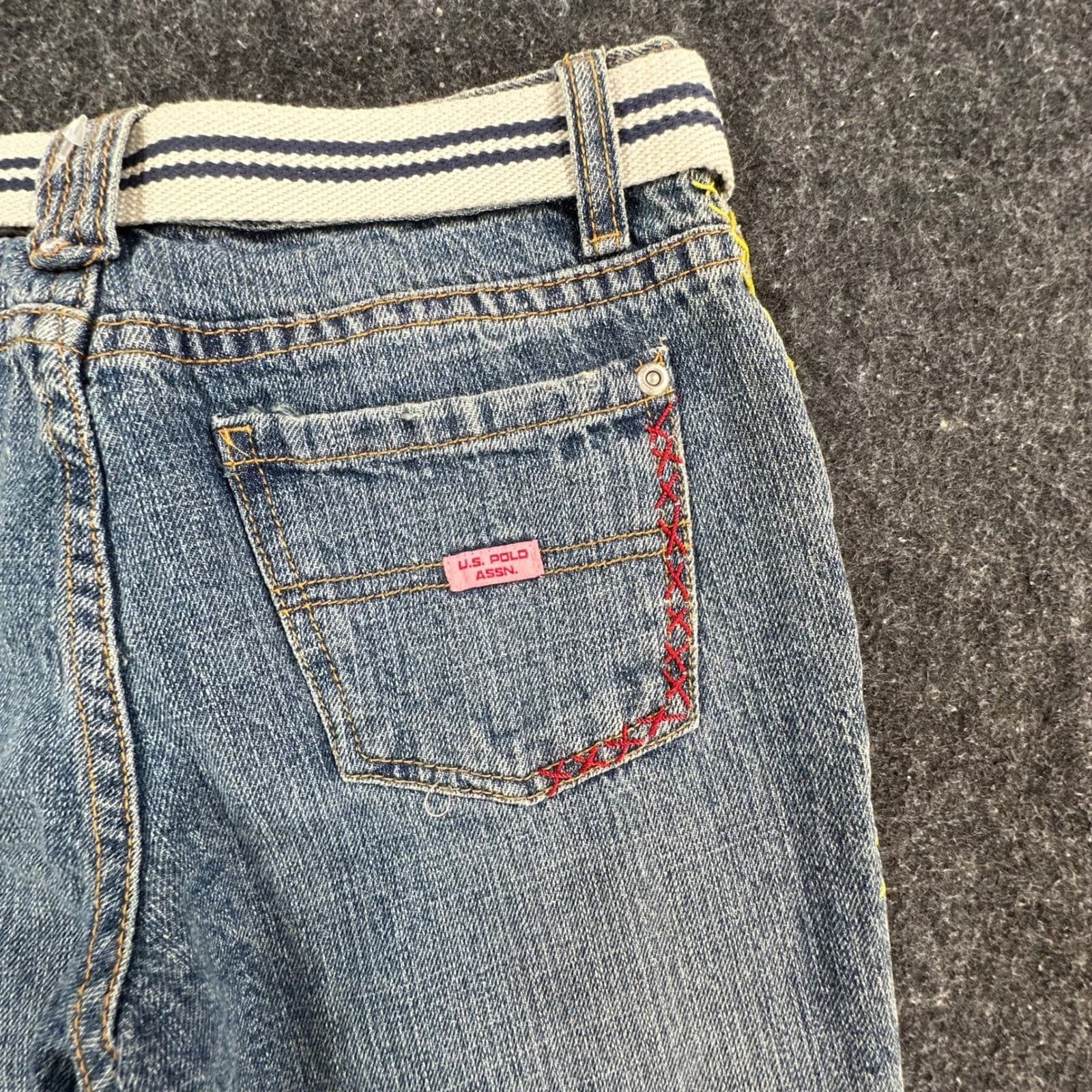 U.S. Polo Assn Jeans Girls 12 Blue Ramie Cotton Y2K Butterfly Embroidered Belted - Thumbnail 17