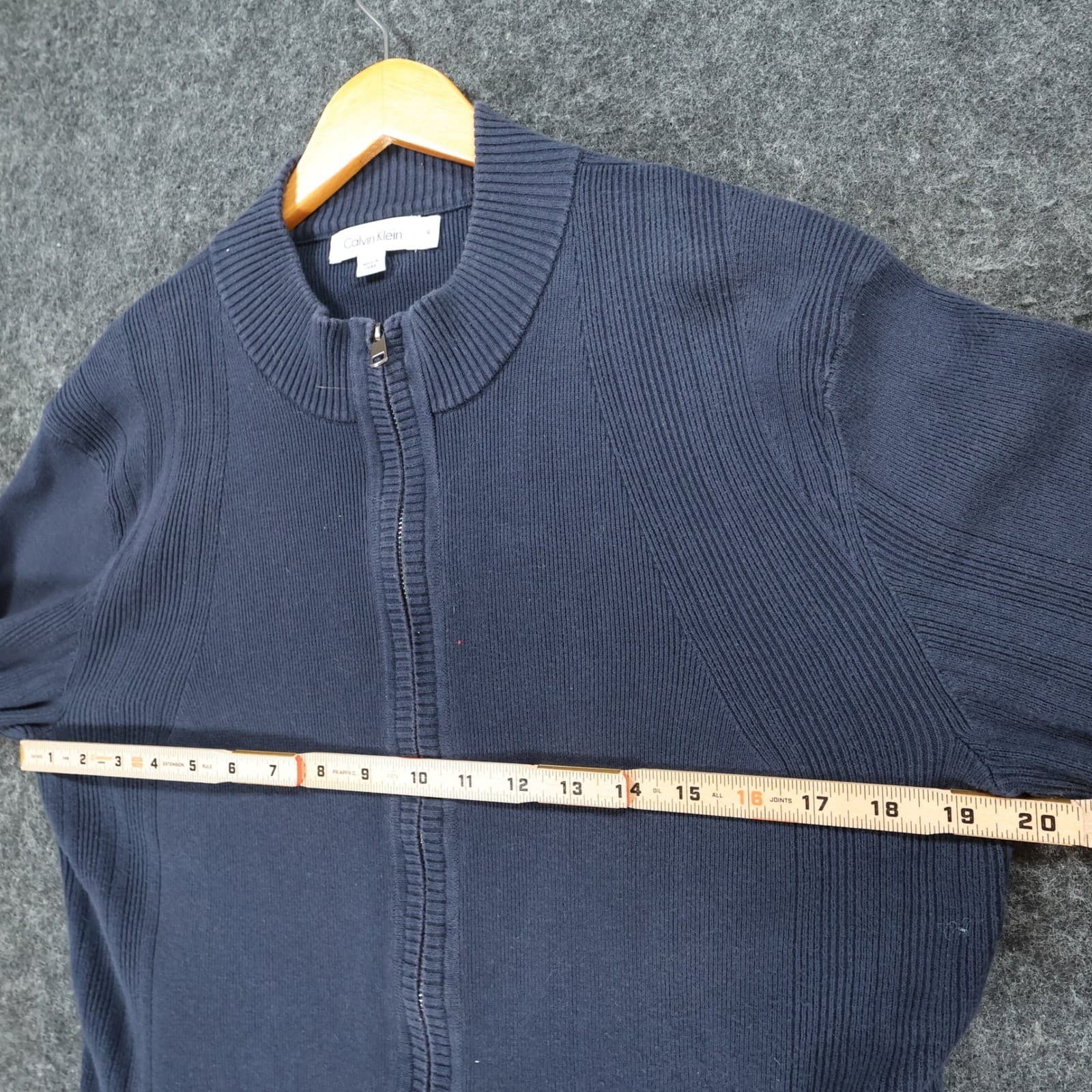 Calvin Klein Full Zip Cardigan Mens M Navy Blue Cotton Ribbed Mock Neck Sweater - Thumbnail 3