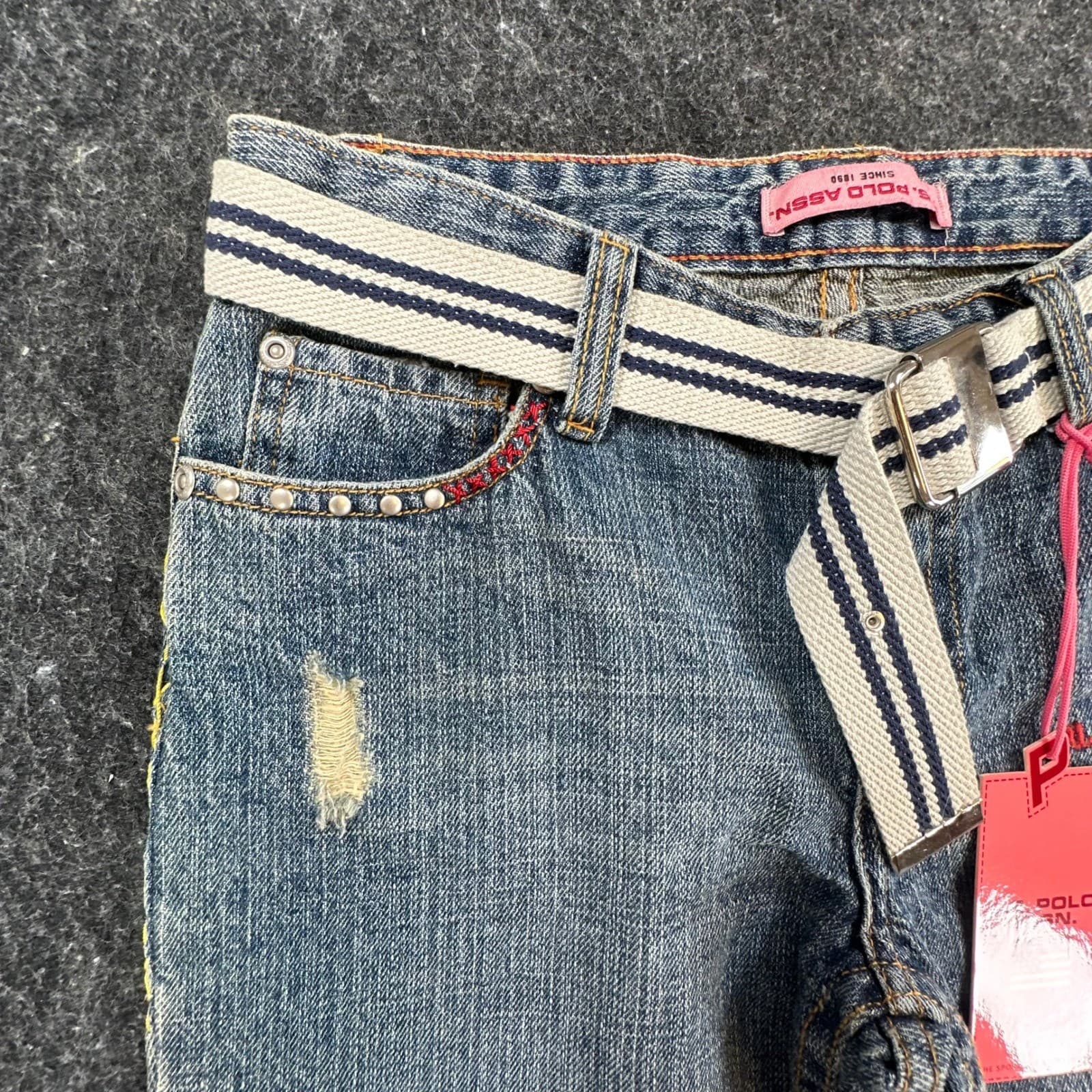 U.S. Polo Assn Jeans Girls 12 Blue Ramie Cotton Y2K Butterfly Embroidered Belted - Thumbnail 12