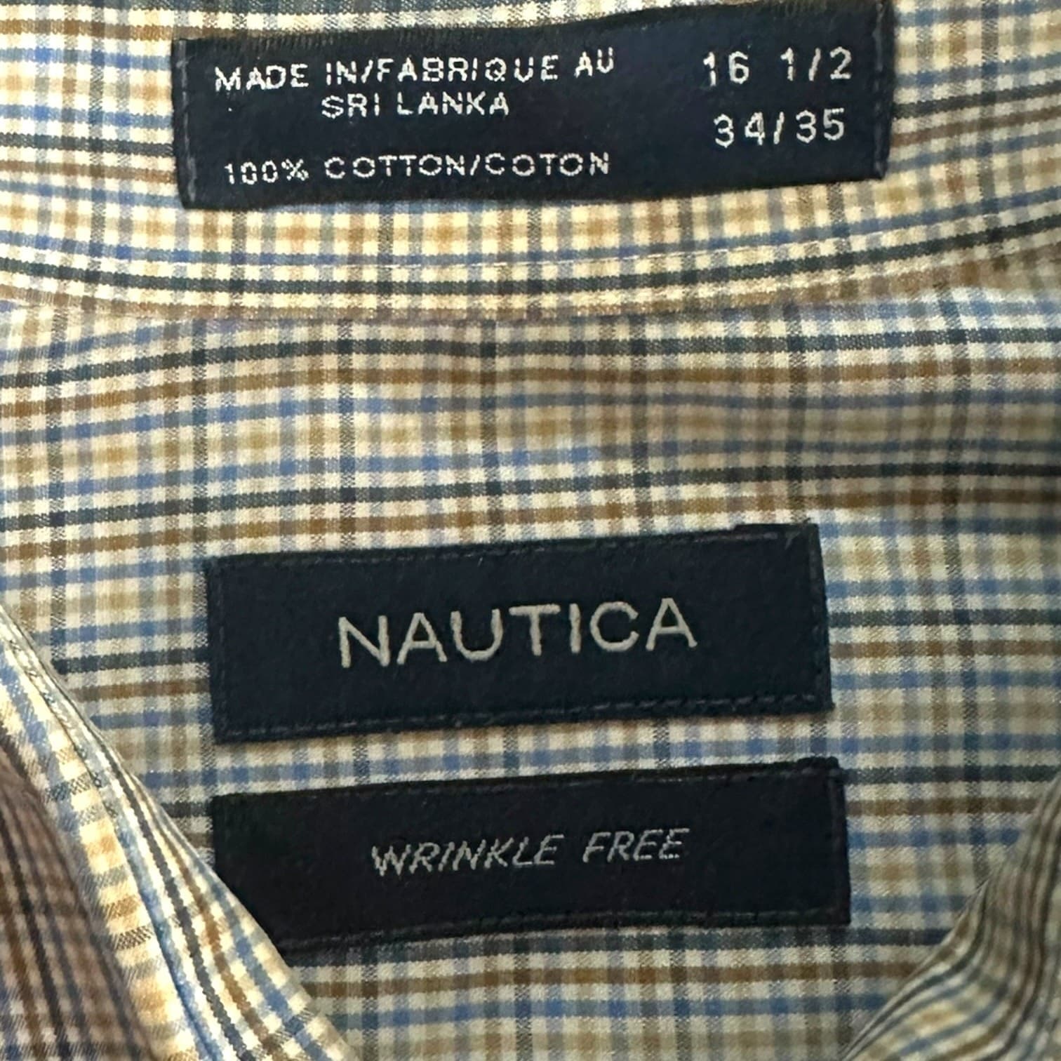 Nautica Button Down Shirt Men 16.5 34/35 Blue Plaid Wrinkle Free Cotton - Thumbnail 4