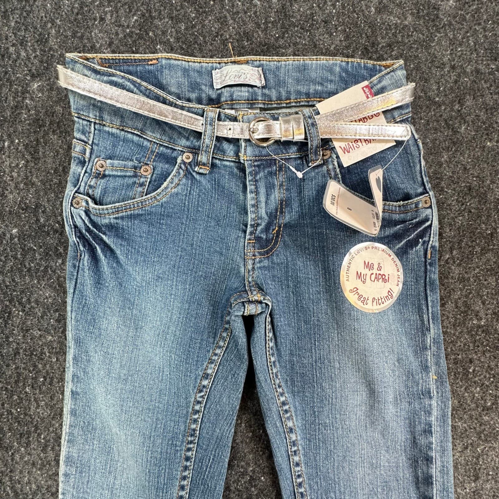 Levi's Capri Jeans Girls Size 8 Blue Denim Ramie Blend Y2K New With Tags Belt - Thumbnail 11