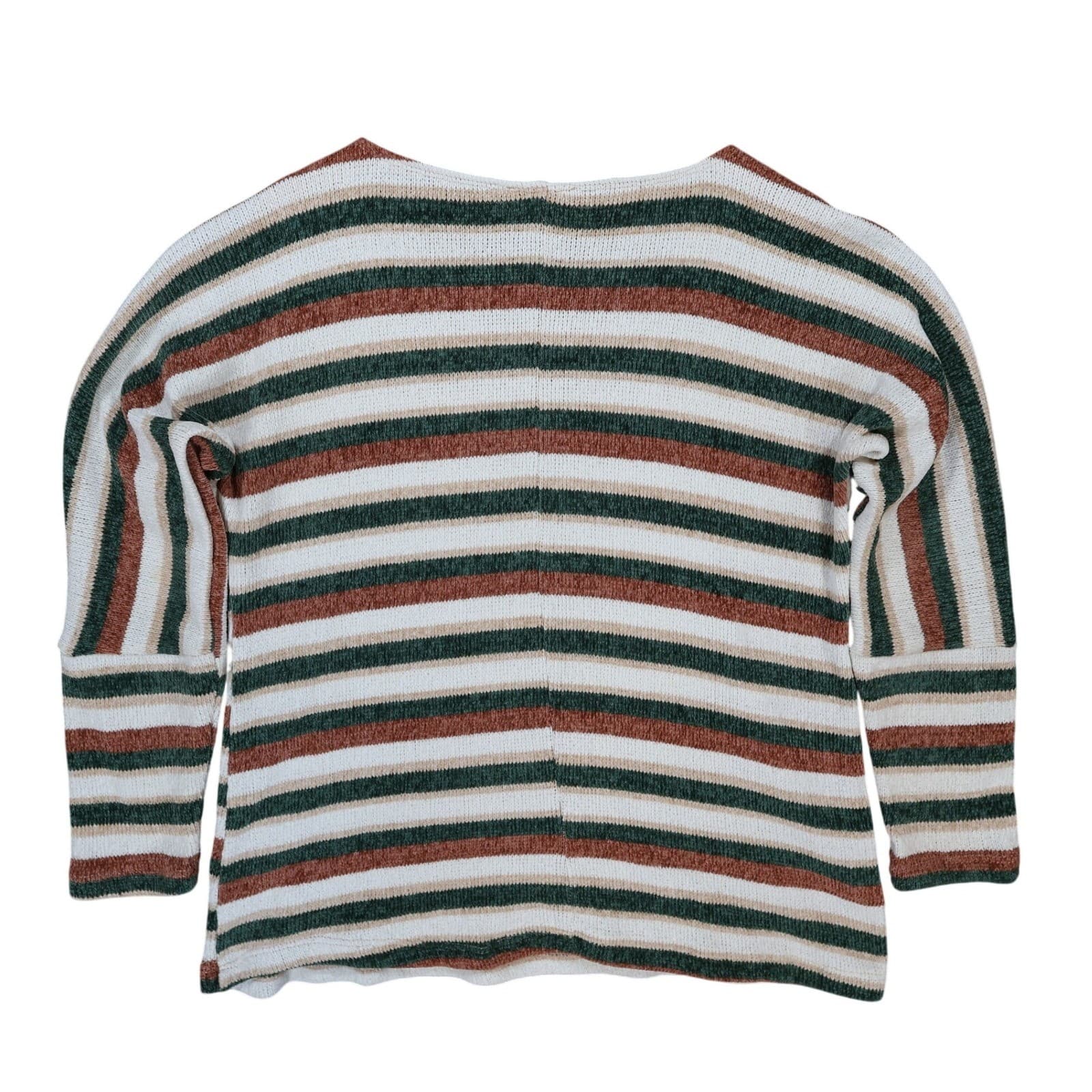 Chenault Sweater Womens M Green Brown Striped Polyester Relaxed Knit Top - Thumbnail 2