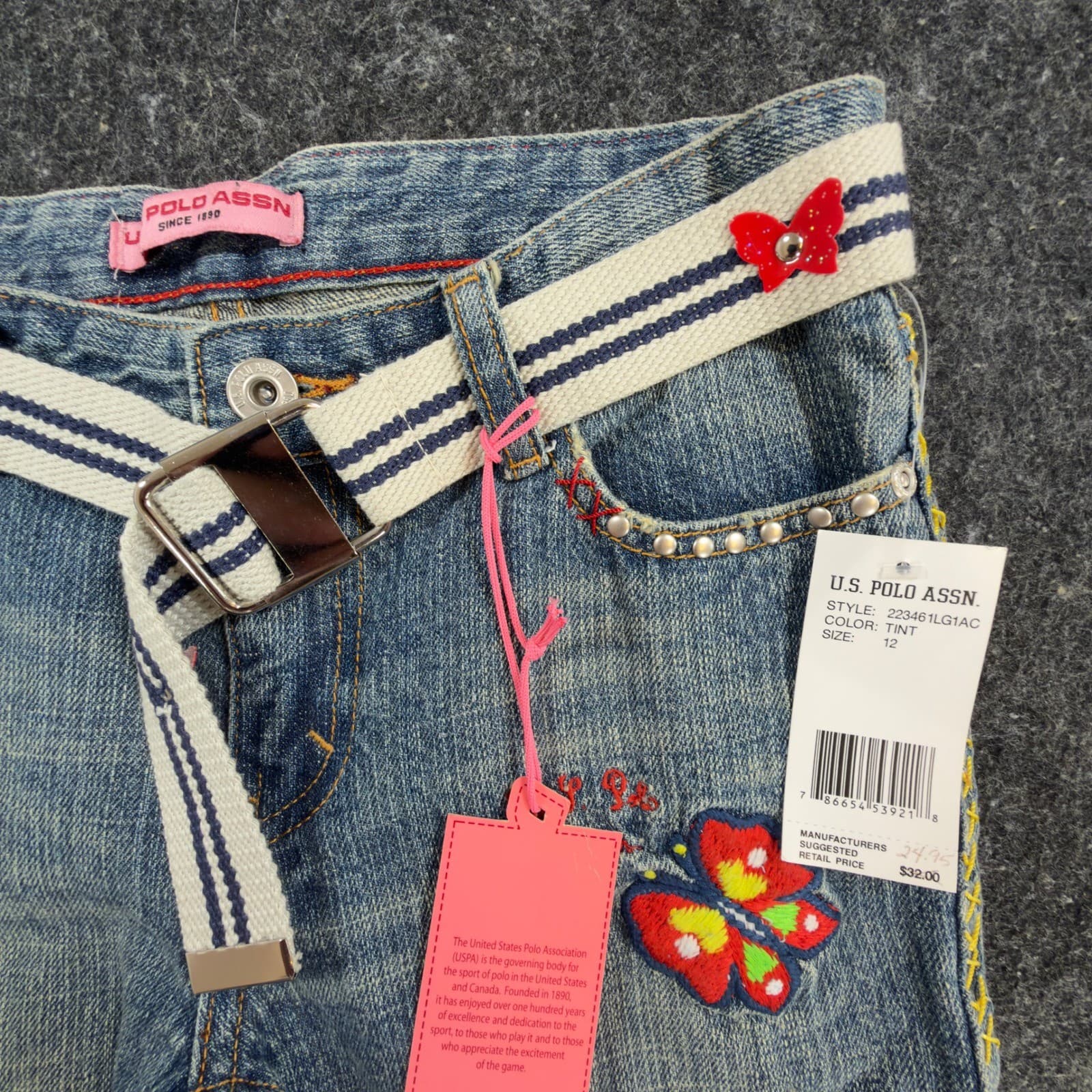 U.S. Polo Assn Jeans Girls 12 Blue Denim Butterfly Embroidered Y2K New With Tags - Thumbnail 14