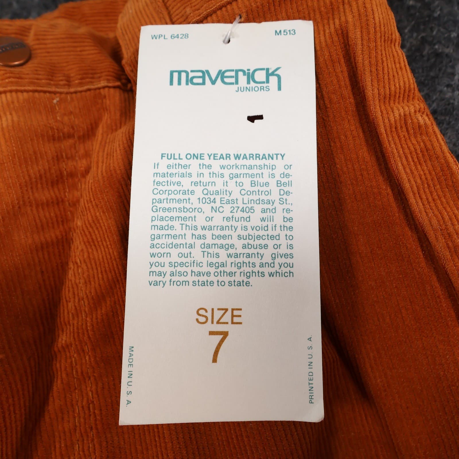Maverick Corduroy Pants Juniors Size 7 Orange Vintage 80s New Old Stock NOS USA - Thumbnail 10