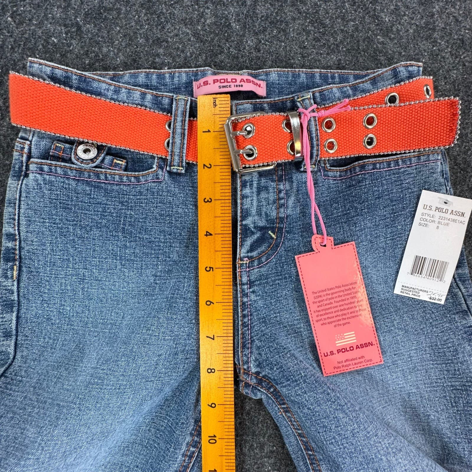 U.S. Polo Assn Jeans Girls 8 Blue Ramie Cotton Stretch Flare Y2K With Belt New - Thumbnail 5