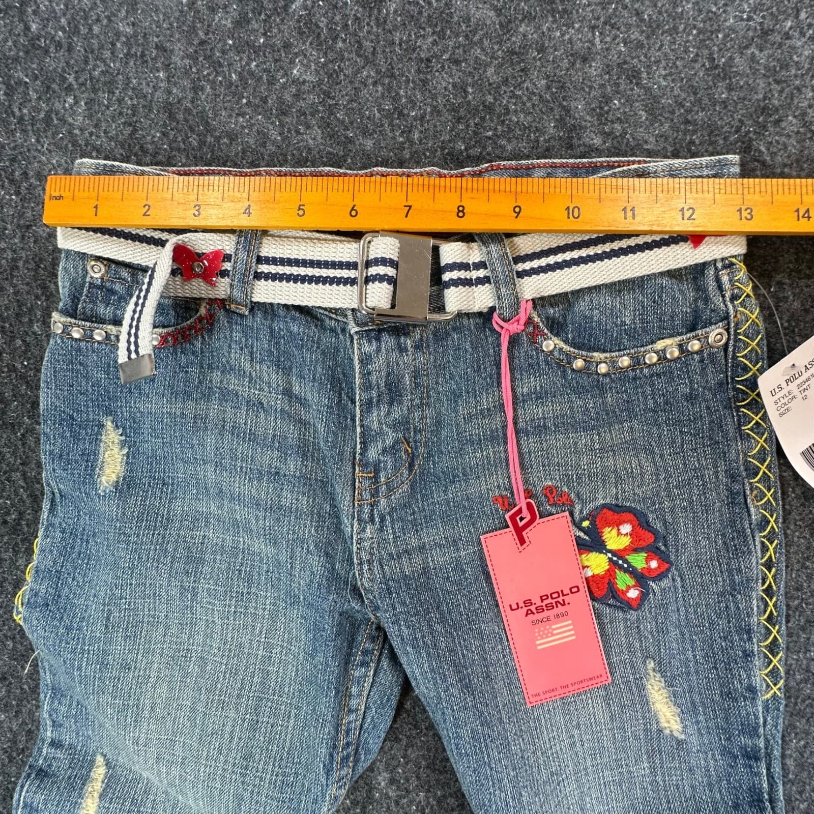U.S. Polo Assn Jeans Girls 12 Blue Denim Y2K Butterfly Embroidered Belted USPA - Thumbnail 6
