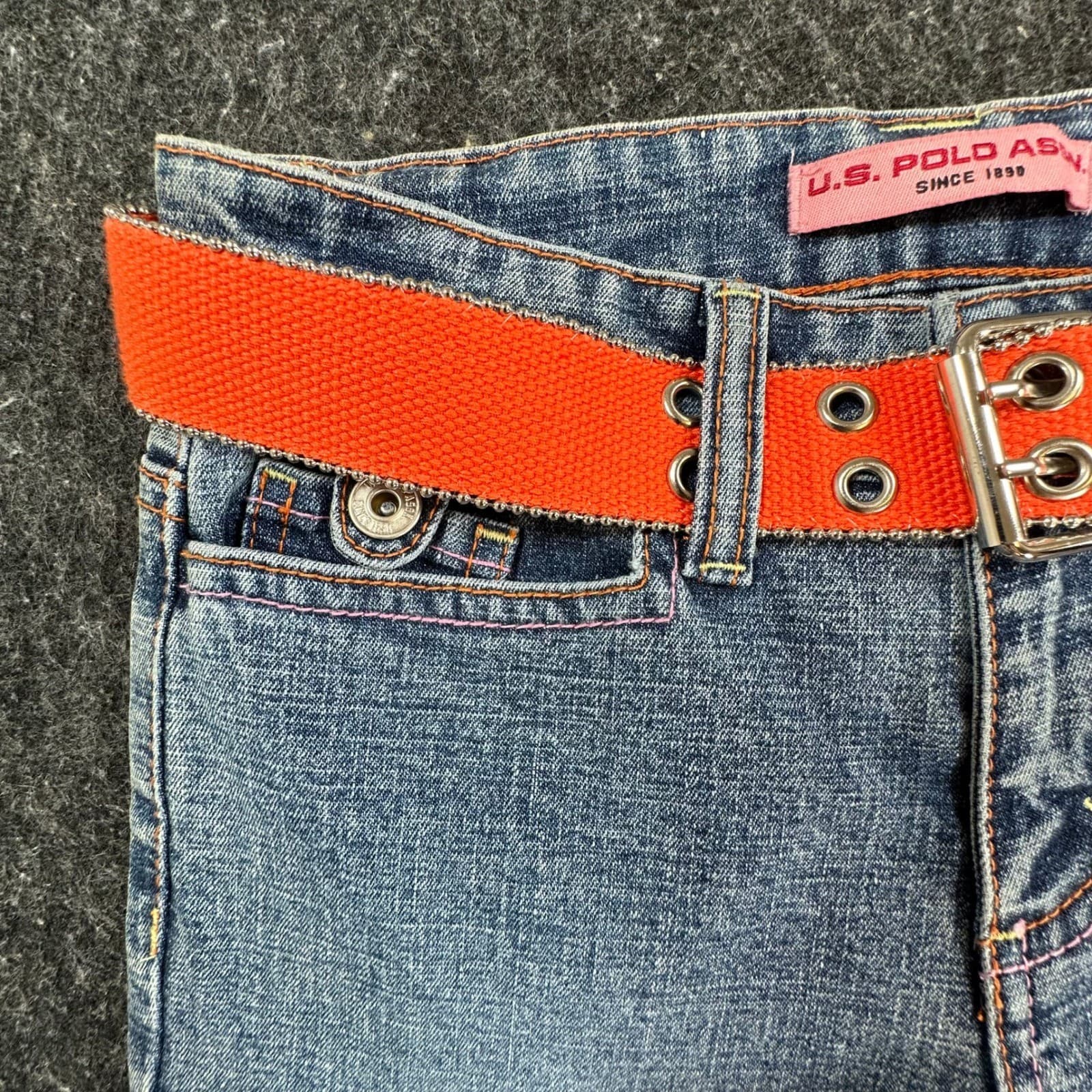 U.S. Polo Assn Jeans Girls 8 Blue Ramie Cotton Stretch Flare Y2K With Belt New - Thumbnail 12