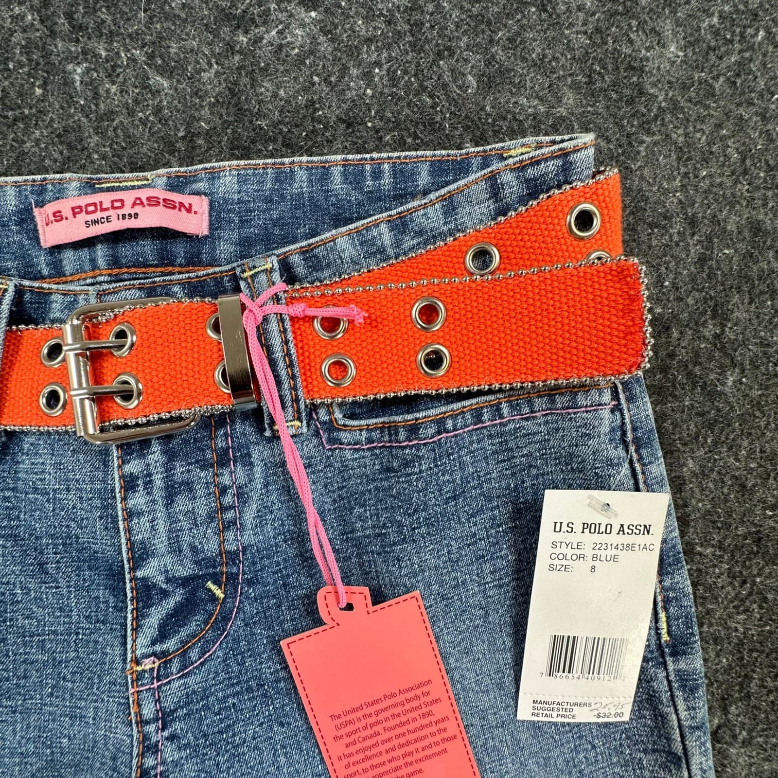 U.S. Polo Assn Jeans Girls 8 Blue Ramie Cotton Stretch Flare Y2K With Belt New - Thumbnail 13
