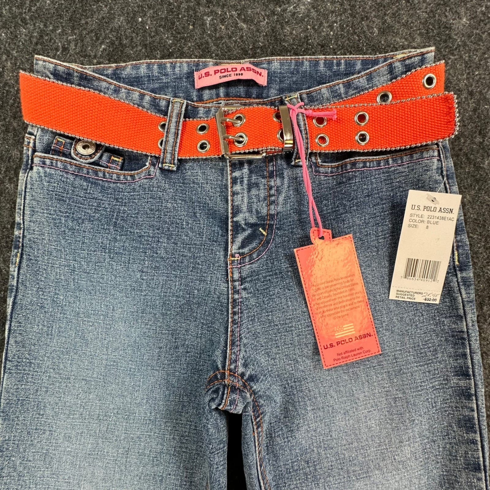 U.S. Polo Assn Jeans Girls 8 Blue Ramie Cotton Stretch Flare Y2K With Belt New - Thumbnail 11