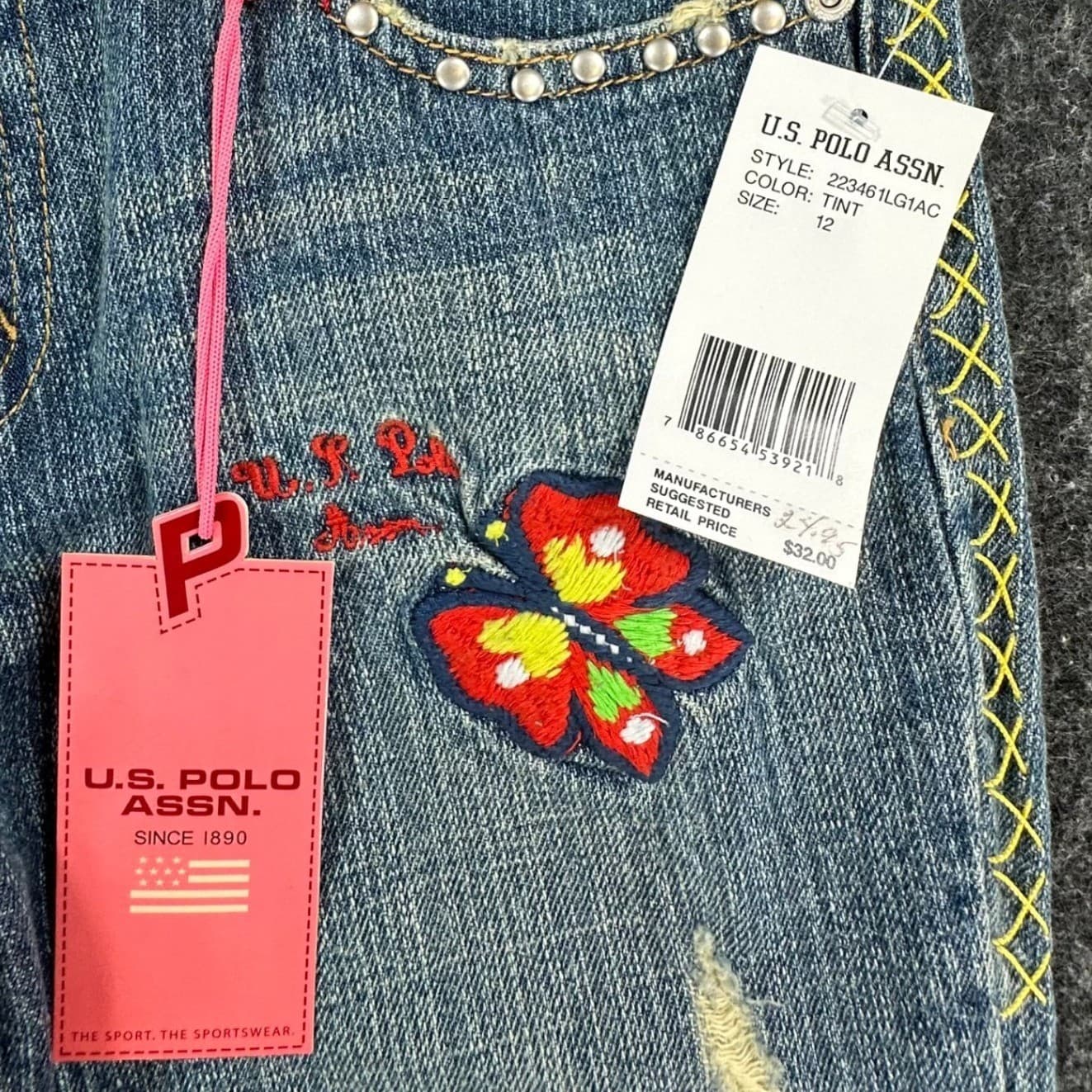 U.S. Polo Assn Jeans Girls 12 Blue Denim Y2K Butterfly Embroidered Belted USPA - Thumbnail 7