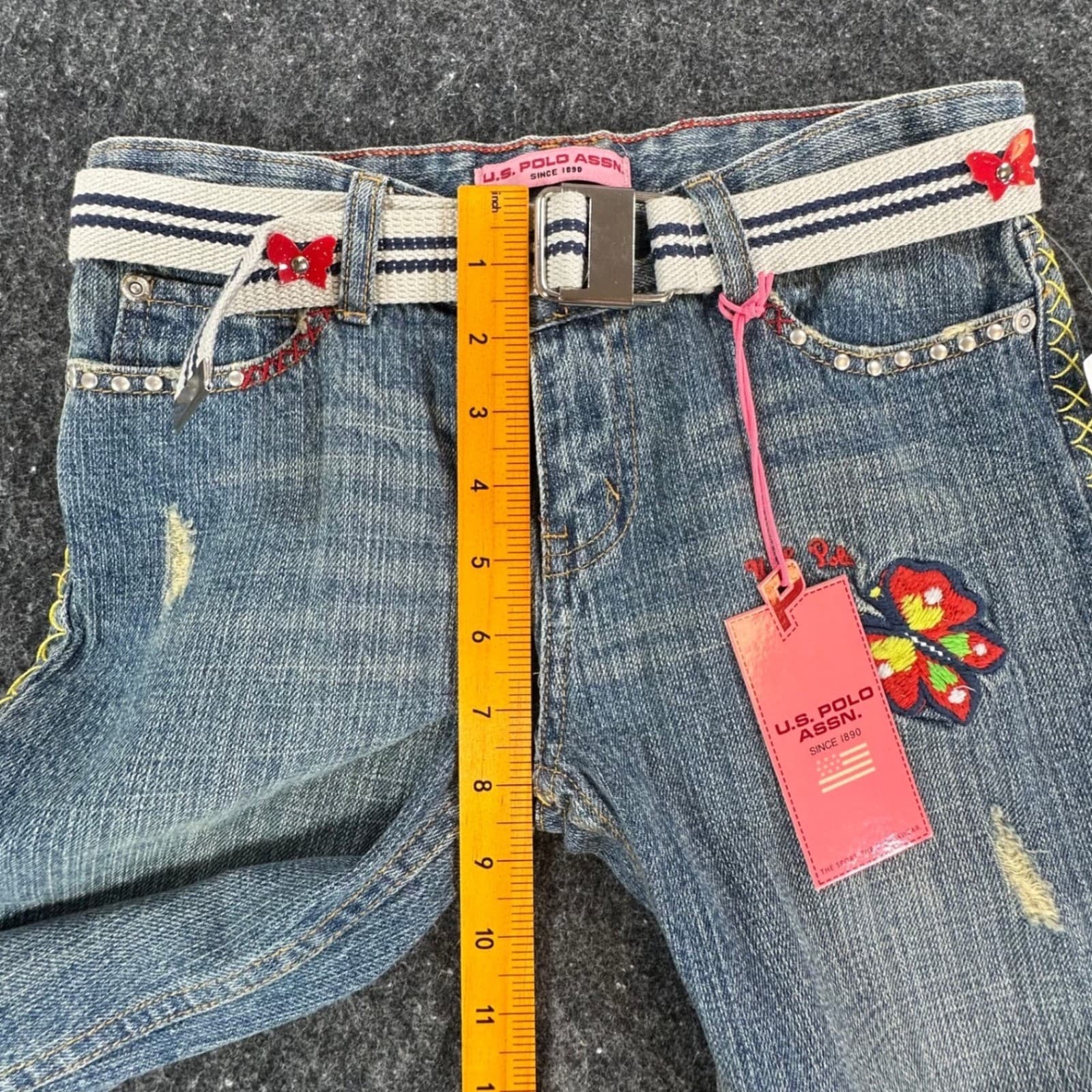 U.S. Polo Assn Jeans Girls 12 Blue Denim Y2K Butterfly Embroidered Belted USPA - Thumbnail 5